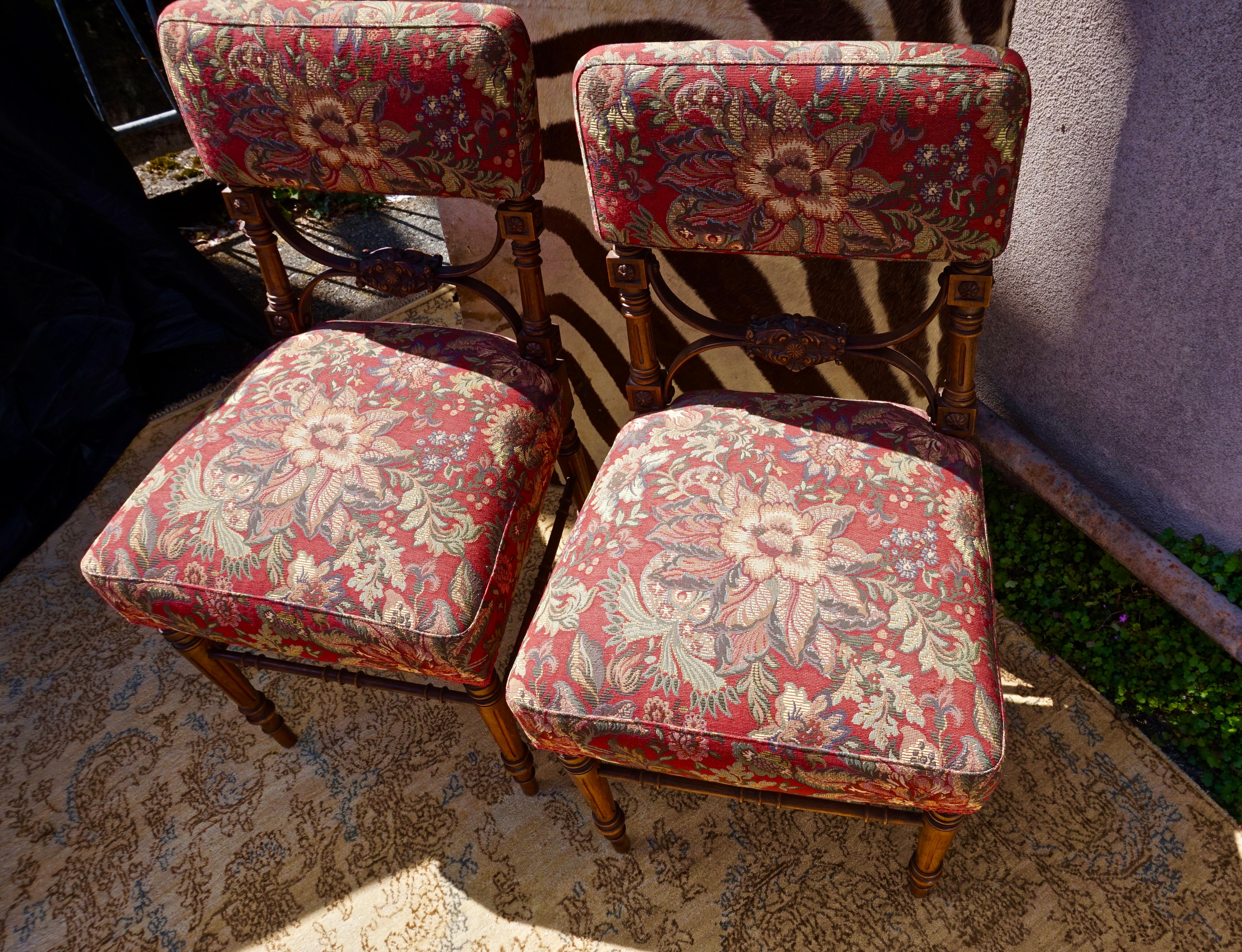Pair of Victorian Gothic Hand Carved Fine Mahogany Chairs in Floral Fabric 2