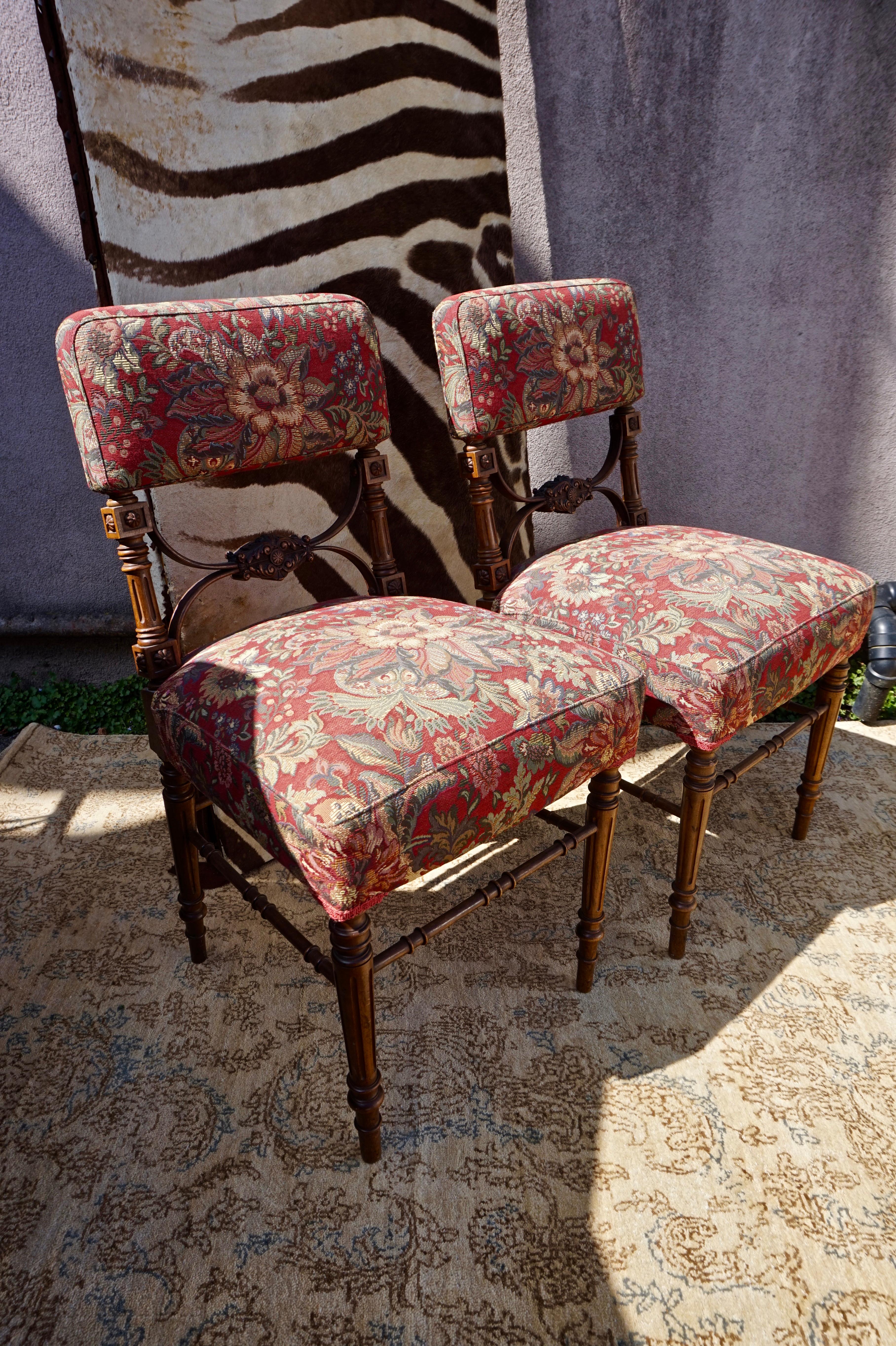 Pair of Victorian Gothic Hand Carved Fine Mahogany Chairs in Floral Fabric 3