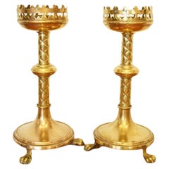 Pair of Victorian Gothic Revival Brass Candelabra / Candle Holders