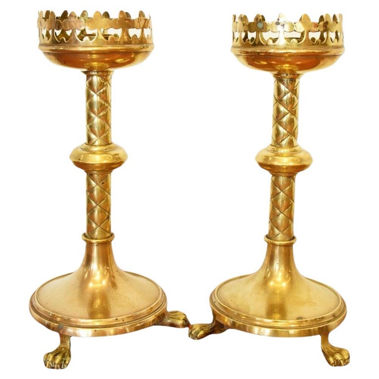 Pair of Victorian Gothic Revival Brass Candelabra / Candle Holders For