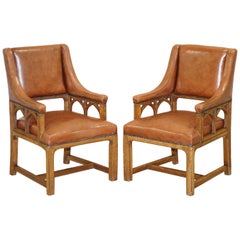 Pair of Victorian Gothic Revival Pugin Style Throne Armchairs Lovely Carved Wood