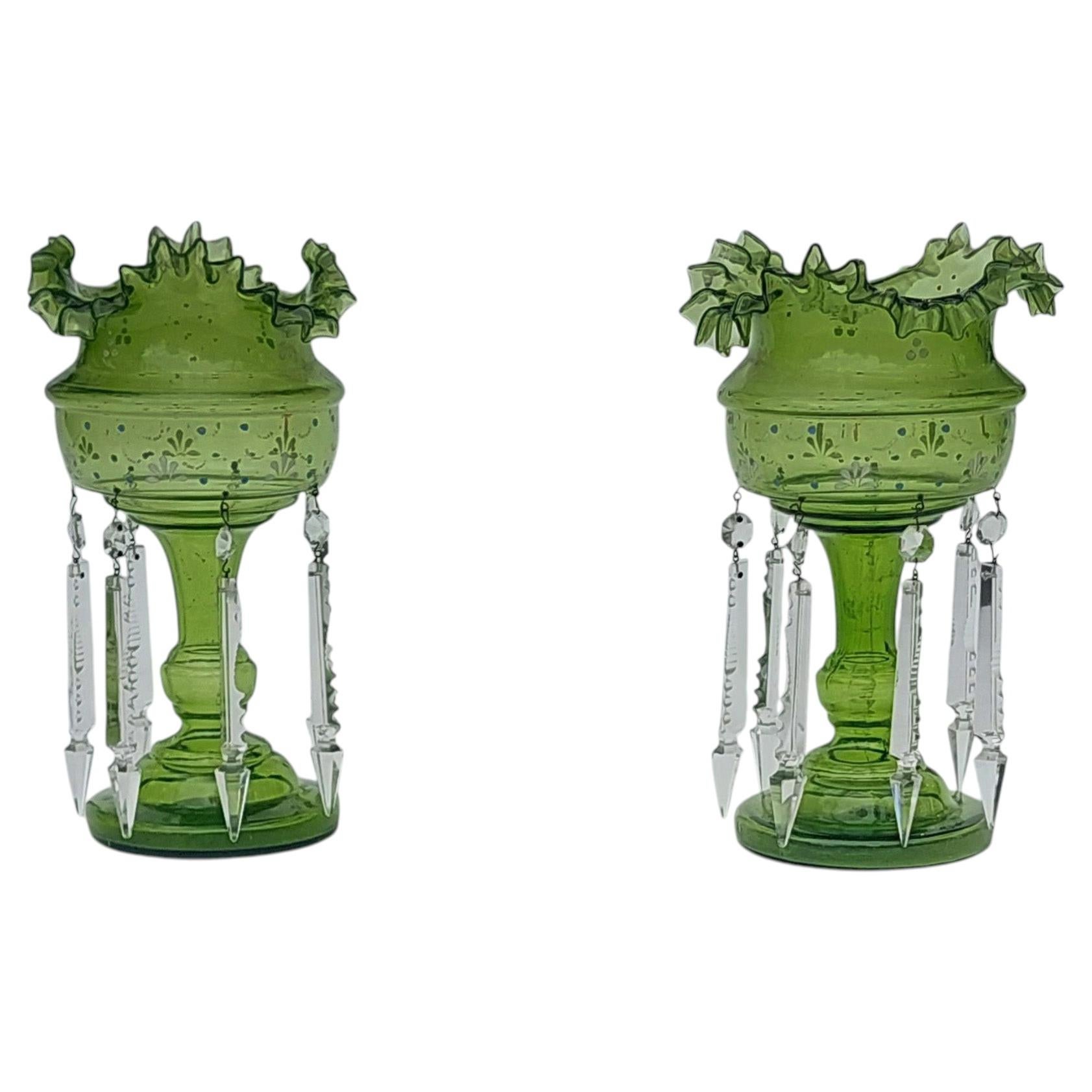 Pair of Victorian Green Glass Table Lustres