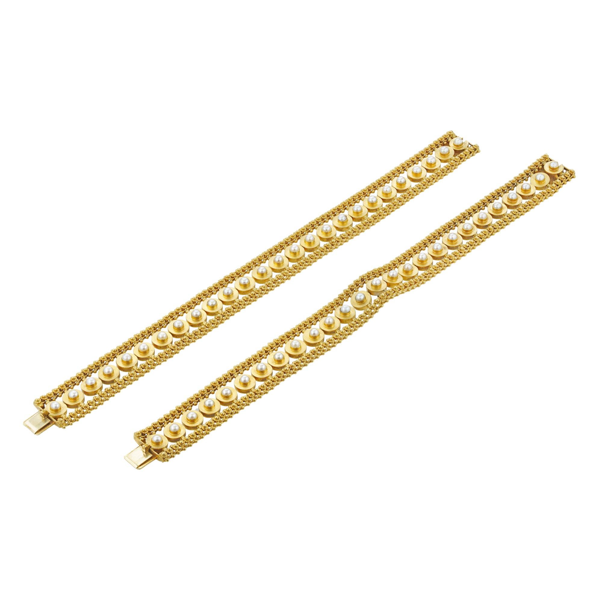 Uncut Pair of Victorian Half Pearl Gold Bracelets For Sale
