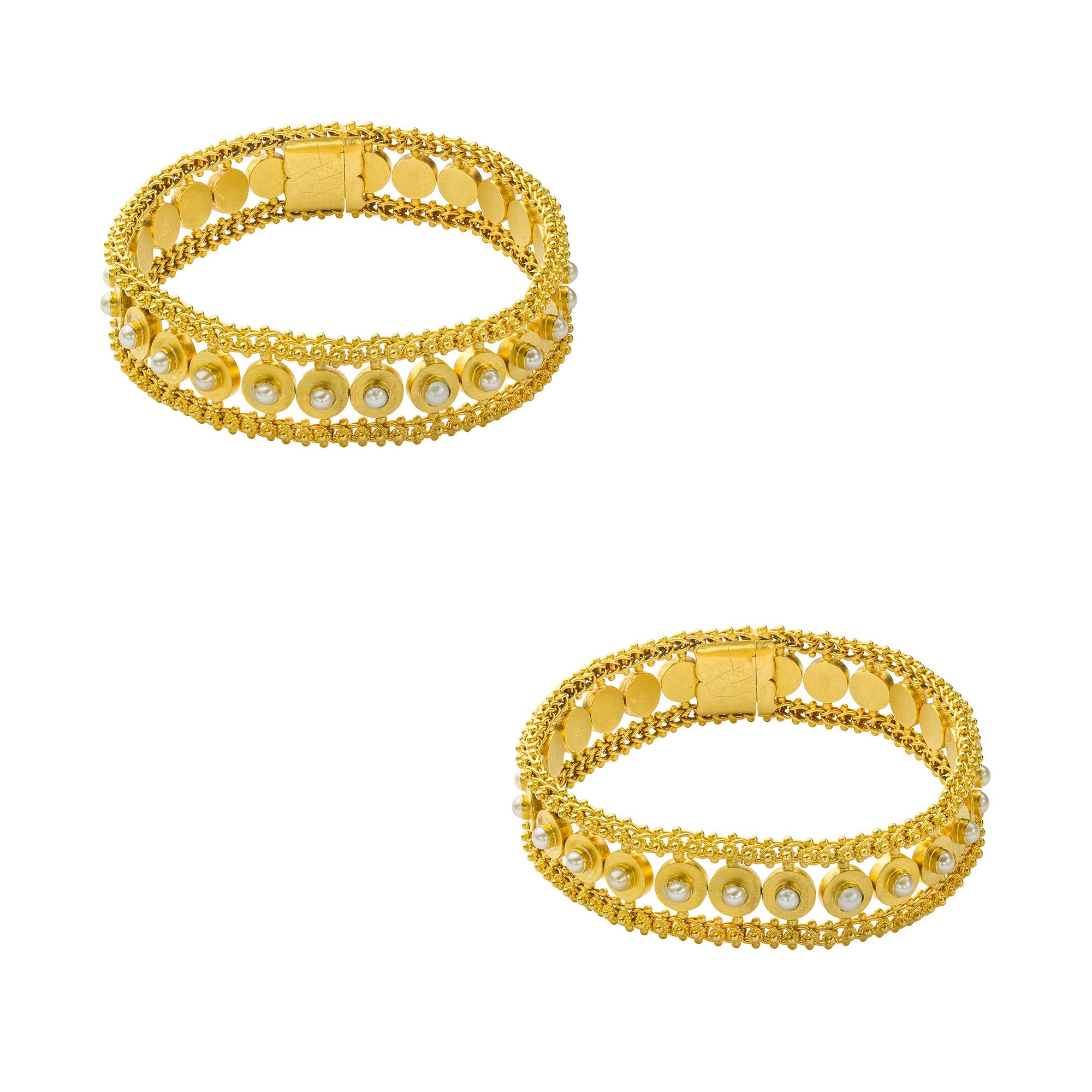 Men's Pair of Victorian Half Pearl Gold Bracelets For Sale