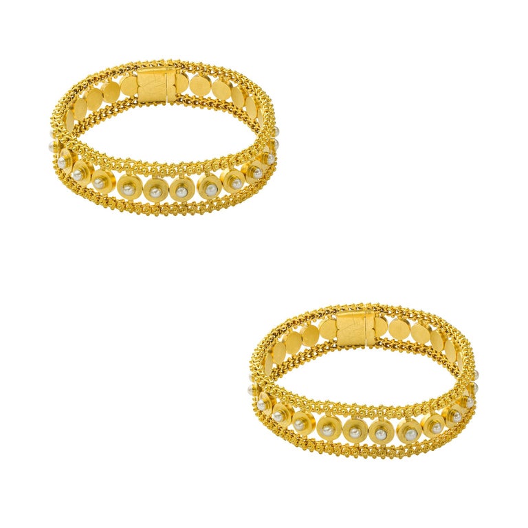 Pair of Victorian Half Pearl Gold Bracelets For Sale at 1stDibs