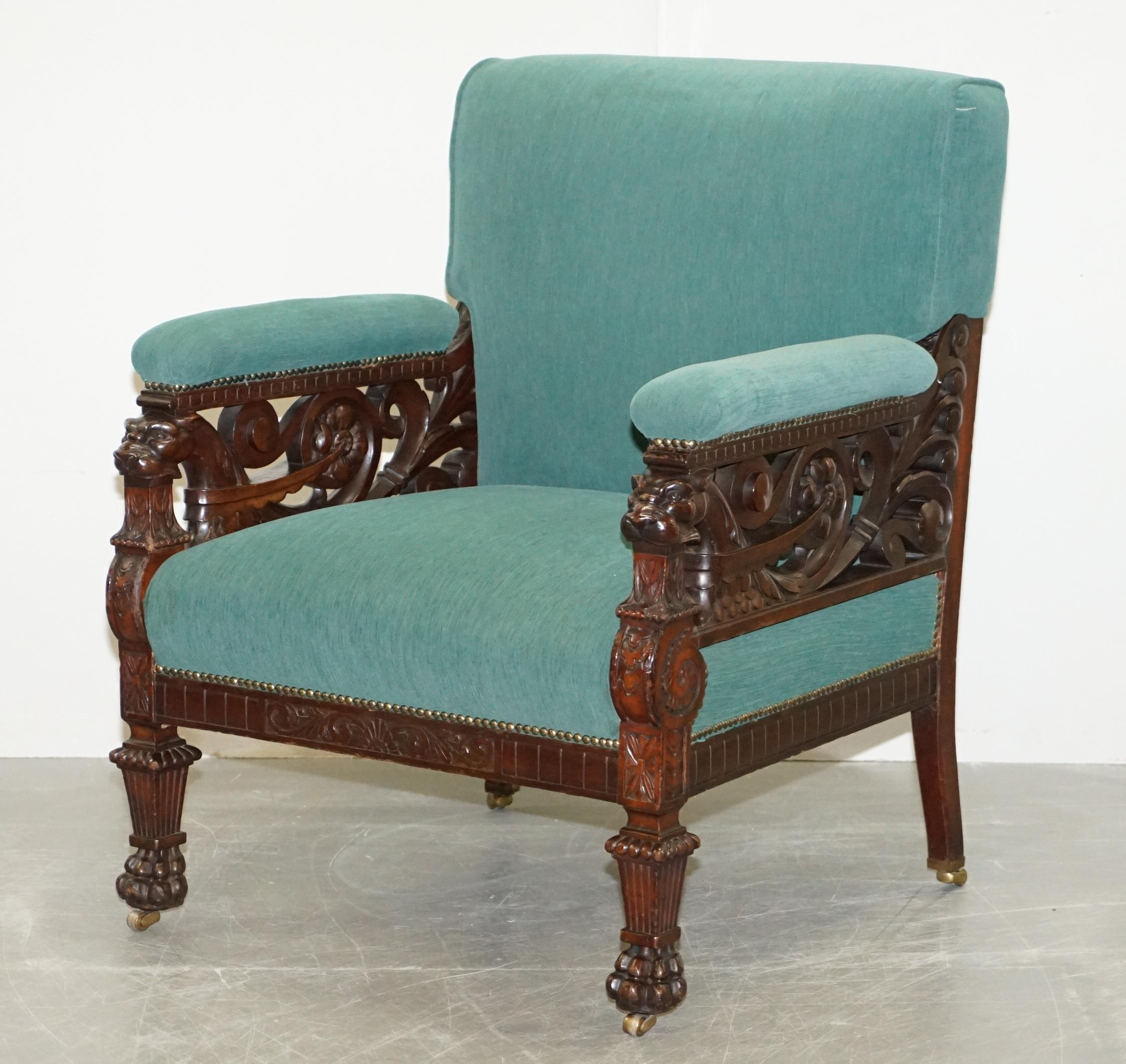 We are delighted to offer for sale this very fine pair of Victorian hand carved armchairs with Lion’s hairy paw feet and Griffon pillared arms after William Kent

These are exquisite quality, clearly the work of master craftsman. The look and feel