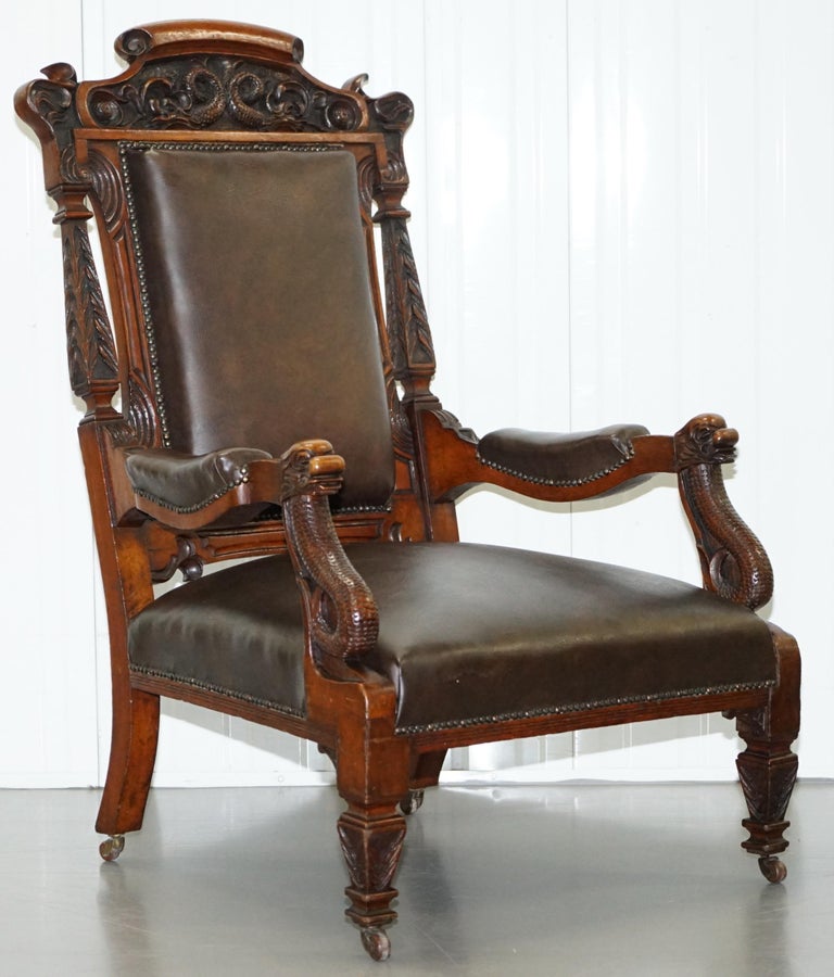 Pair of Victorian Hand Ornately Carved Library Reading Armchairs Brown