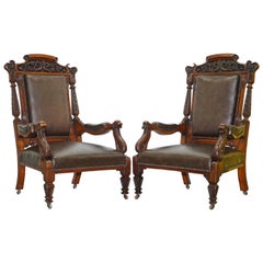 Antique Pair of Victorian Hand Ornately Carved Library Reading Armchairs Brown Leather