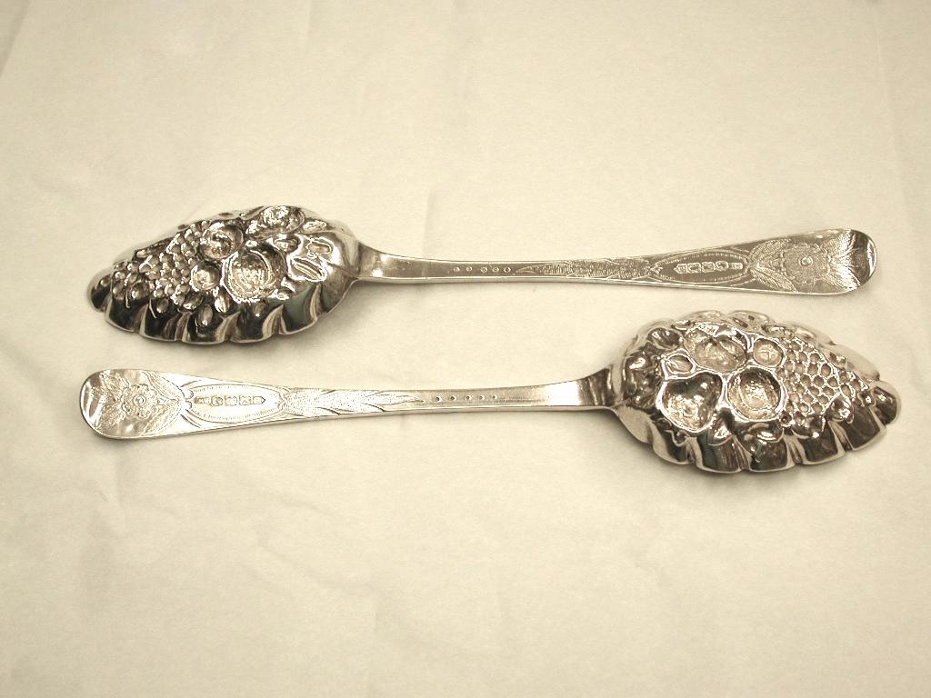 Pair of Victorian Irish silver berry spoons, dated 1870, Assayed In Dublin.
Very pretty engraving and lovely embossing. 
Original owners initials.