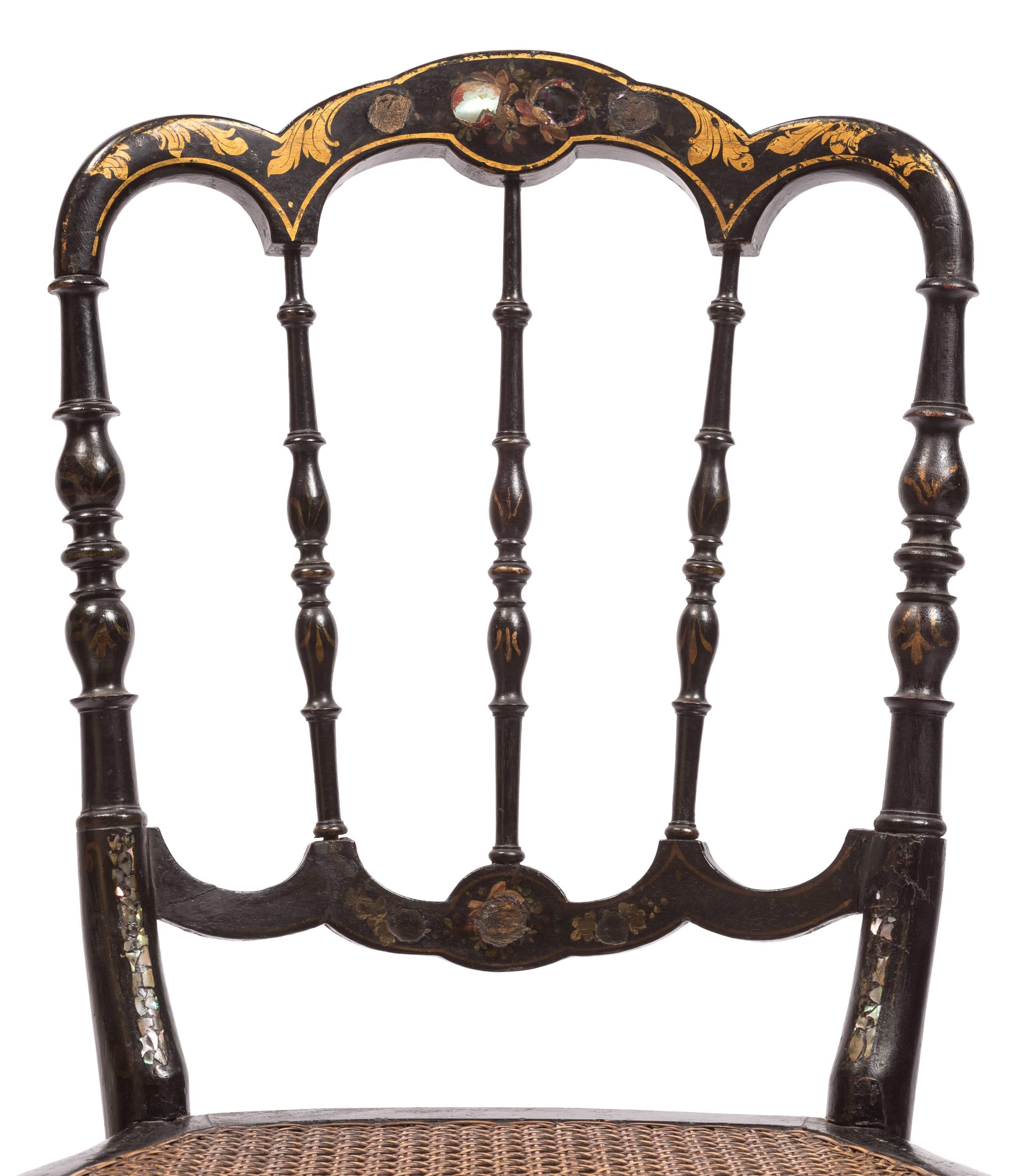 Pair of Victorian Lacquer and Cane Side Chairs with Mother-of-pearl Inlay 2