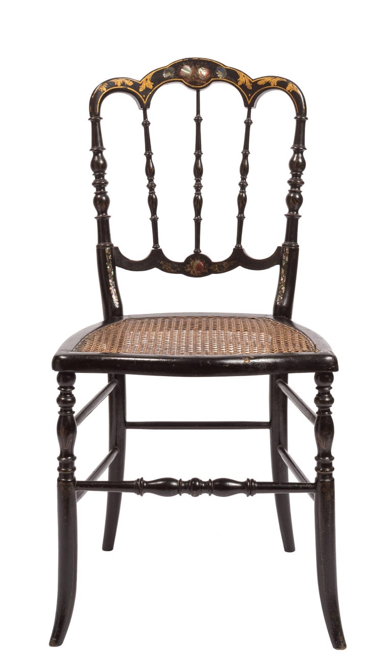Pair Of Victorian Lacquer And Cane Side Chairs With Mother Pearl This Matched Pair Of English Victorian Parlor Chairs Are Finished In Black Lacquer And Decorated With