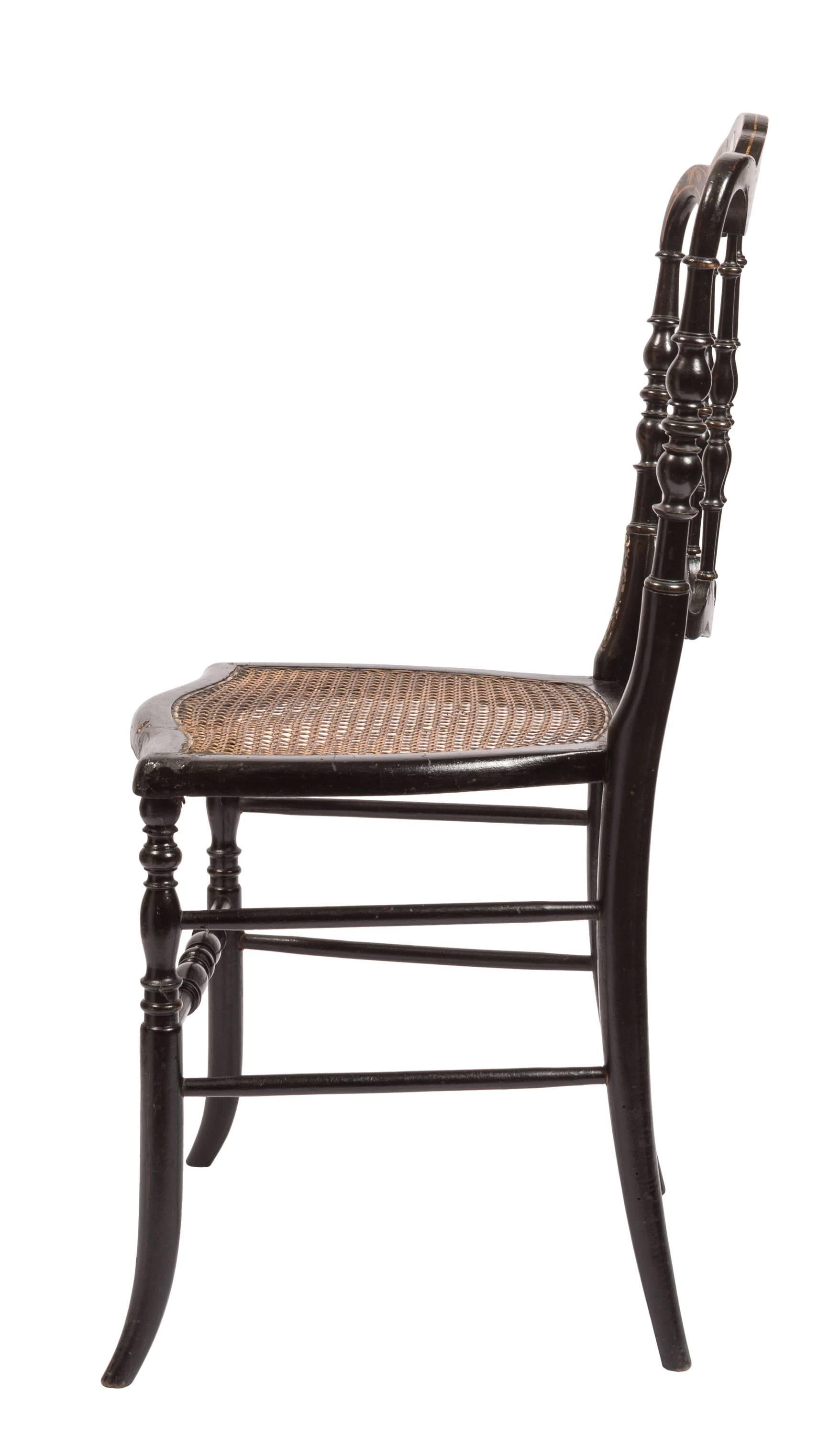 English Pair of Victorian Lacquer and Cane Side Chairs with Mother-of-pearl Inlay