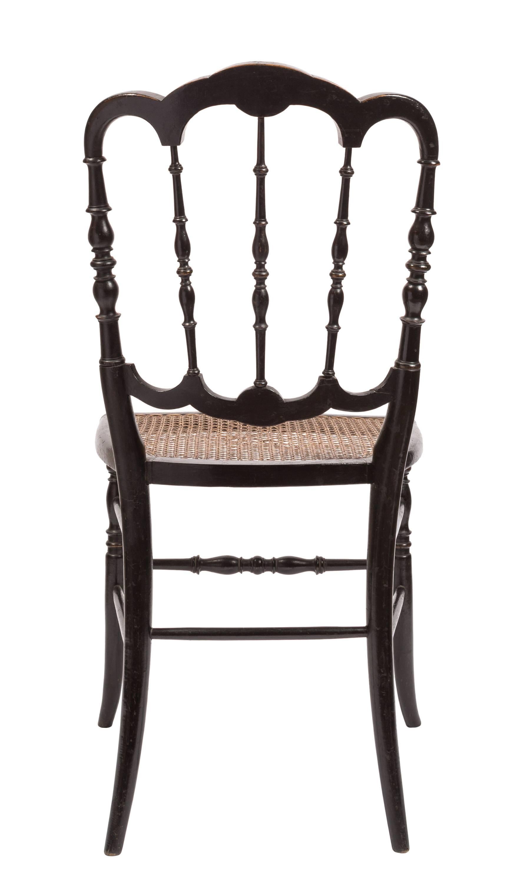 19th Century Pair of Victorian Lacquer and Cane Side Chairs with Mother-of-pearl Inlay
