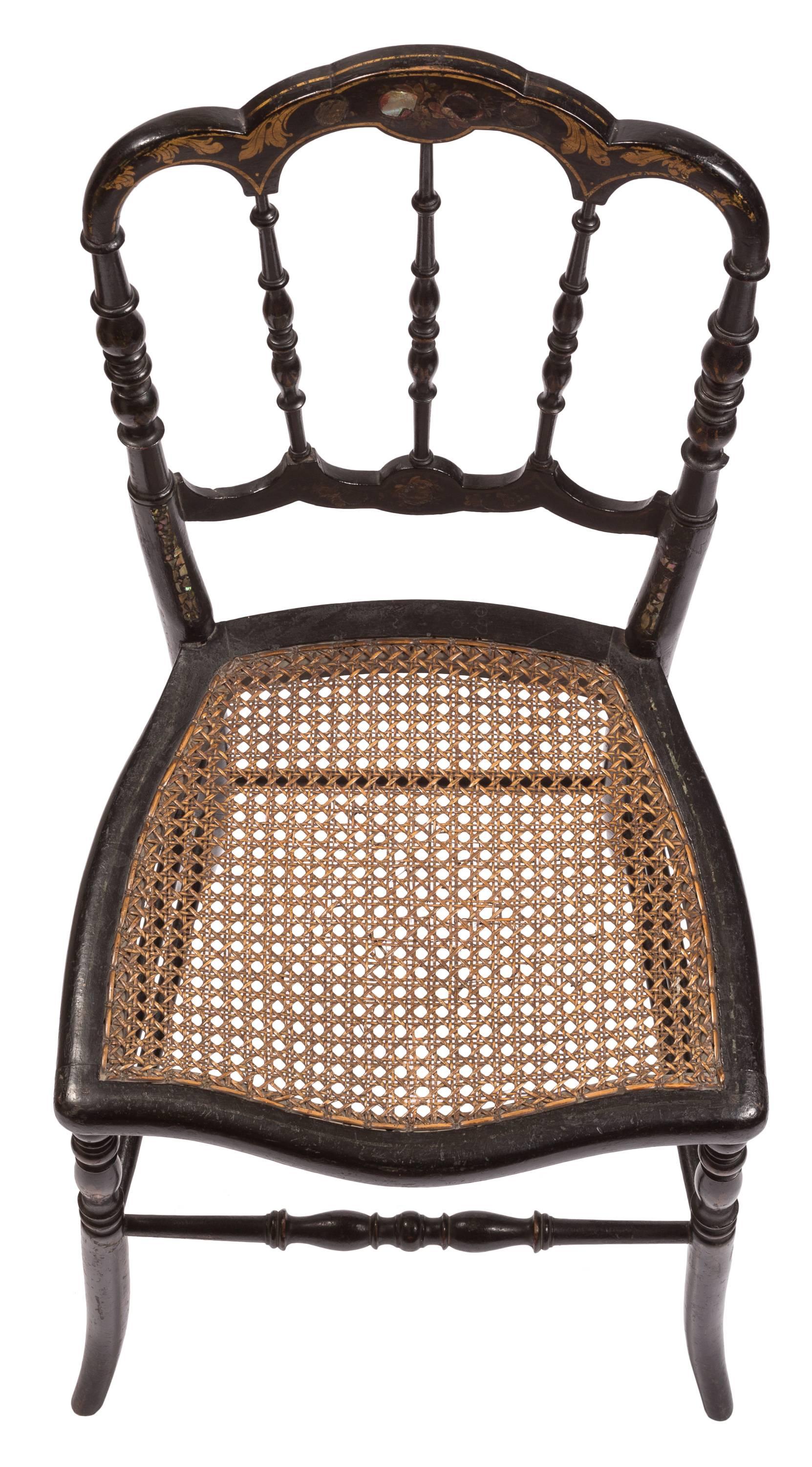 Mother-of-Pearl Pair of Victorian Lacquer and Cane Side Chairs with Mother-of-pearl Inlay