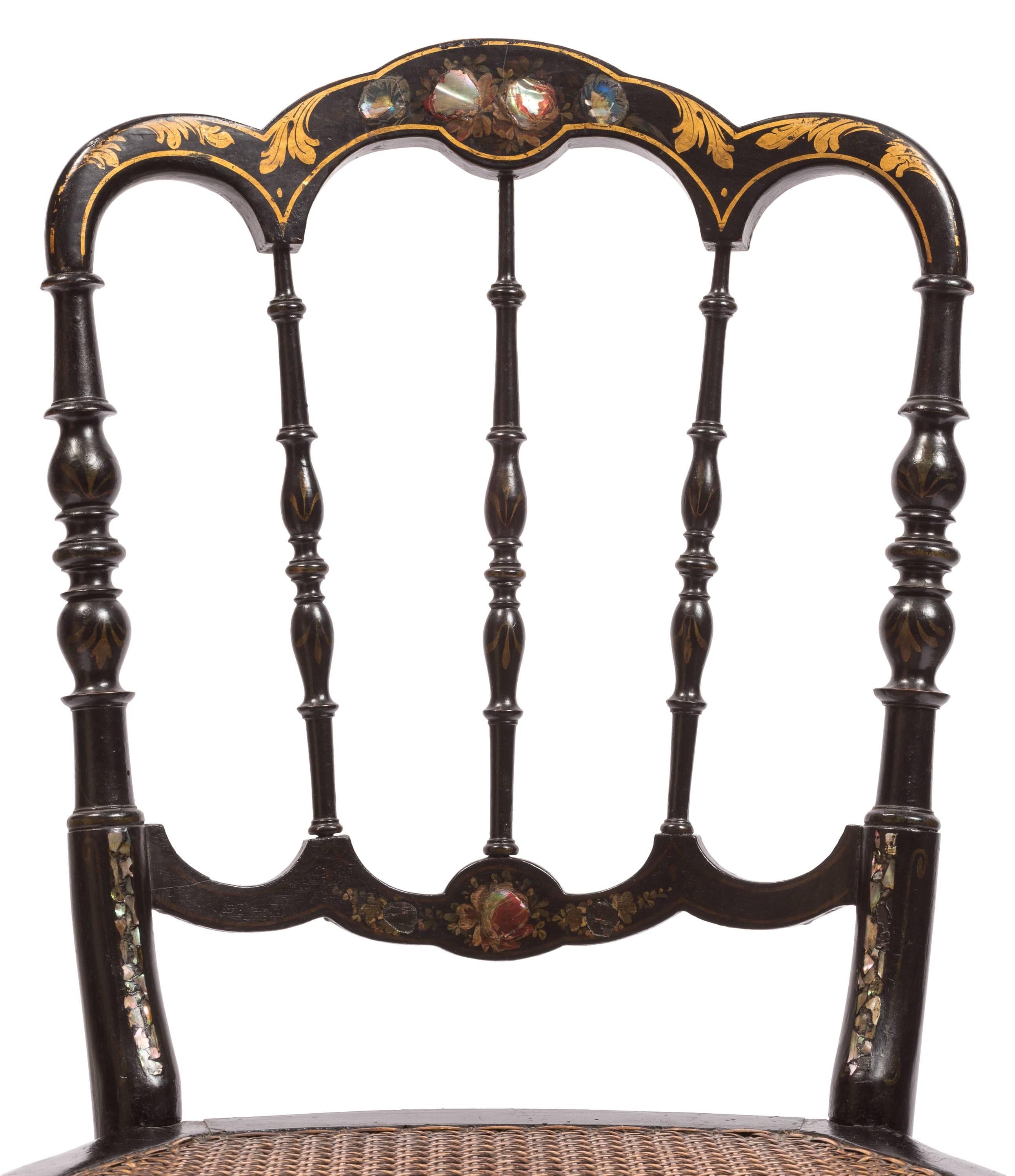 Pair of Victorian Lacquer and Cane Side Chairs with Mother-of-pearl Inlay 1