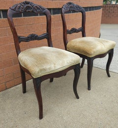 Pair of Victorian Ladder Back Carved Mahogany and Upholstered Seat Chairs