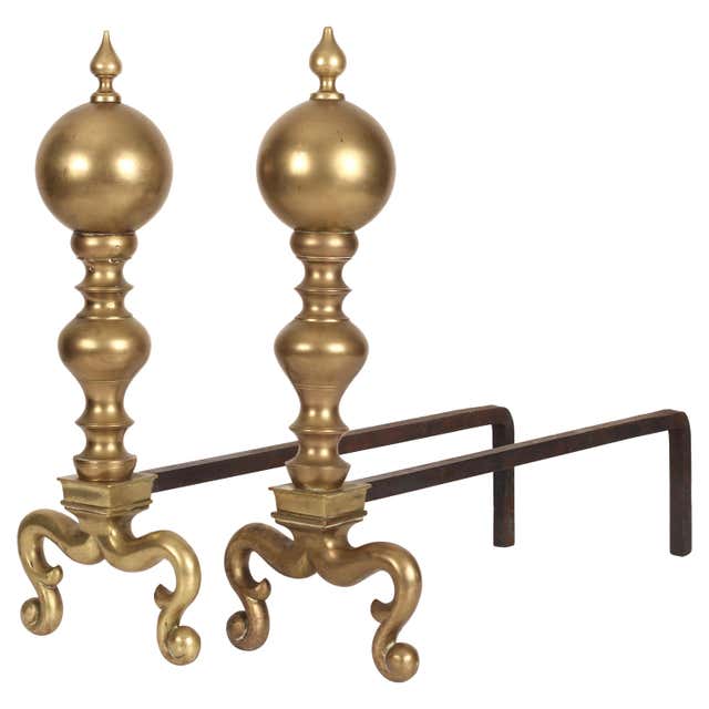 French Rococo Style House Pair of French Brass Firedogs and Wrought Iron Fireplace Grate, 20th ...