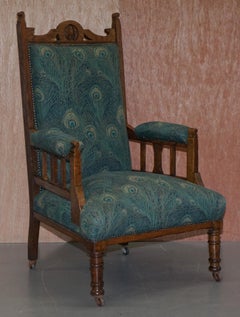 Pair of Victorian Libertys London Oak, Hera Upholstery Library Reading Armchairs