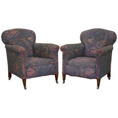Pair of Victorian Mahogany Club Armchairs Inc Floral Libertys London Upholstery