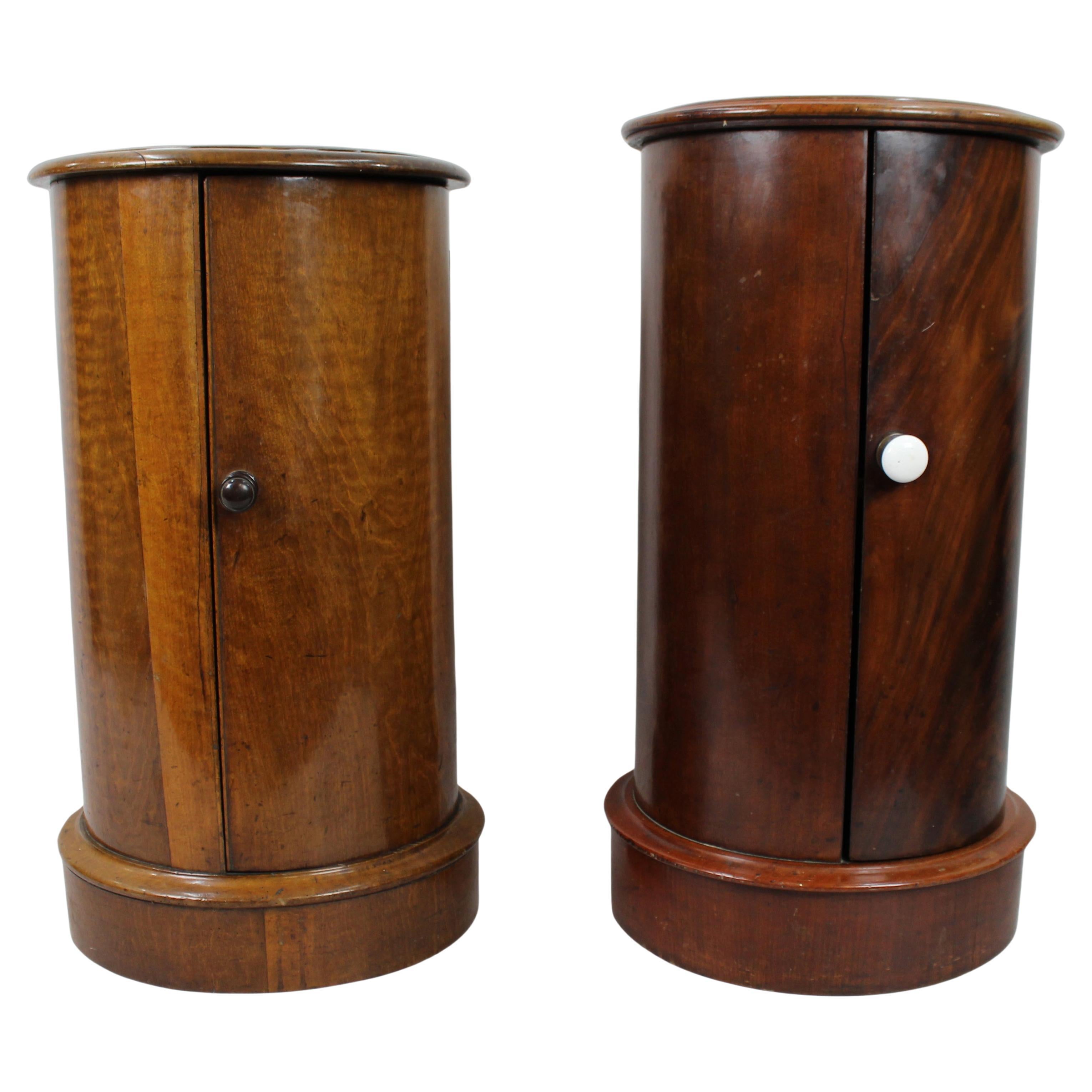 Pair of Victorian Mahogany Cylindrical Pot Cupboards with Marble Tops