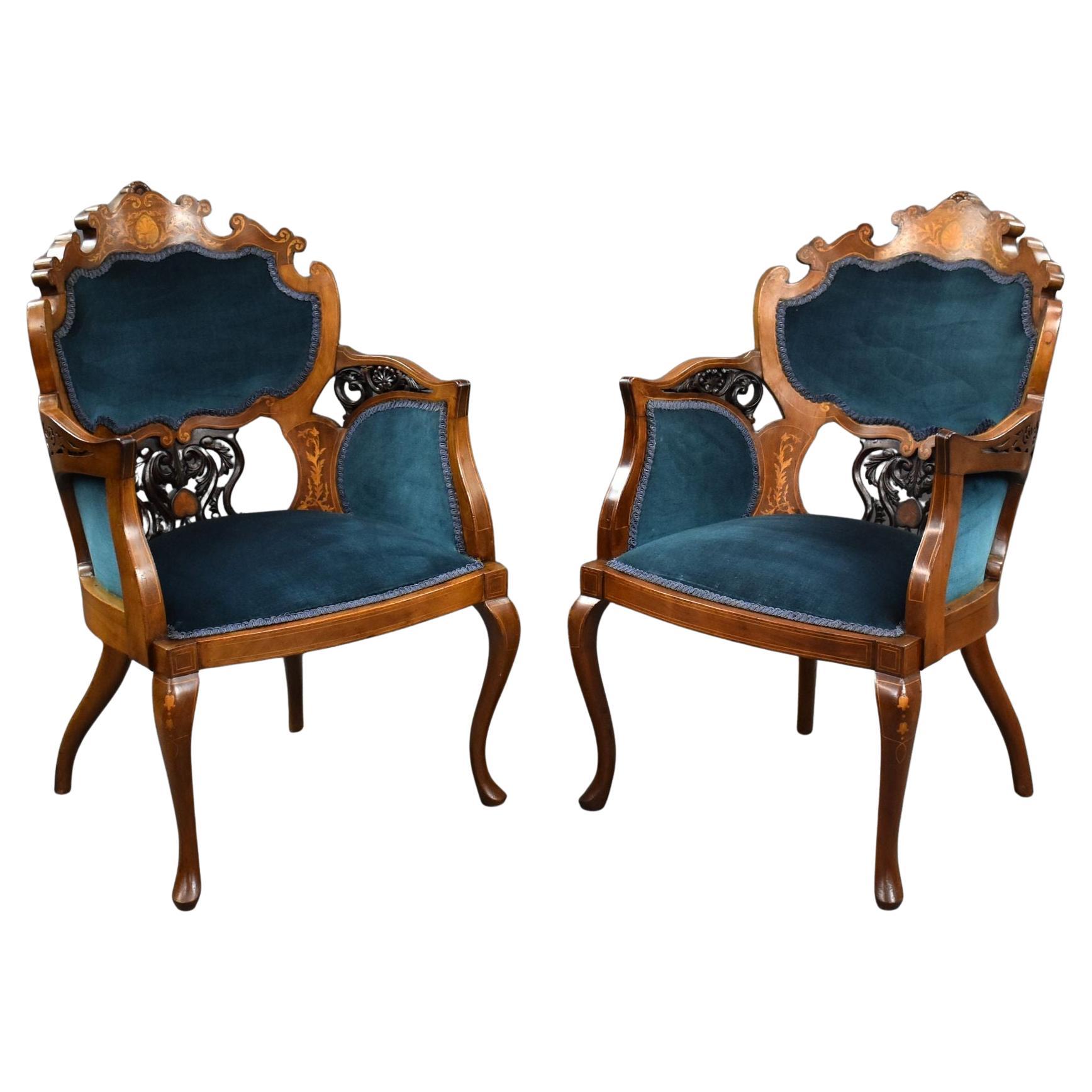 Pair of Victorian Mahogany Marquetry Inlaid Armchairs