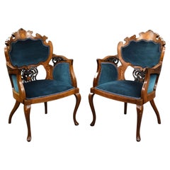 Pair of Victorian Mahogany Marquetry Inlaid Armchairs