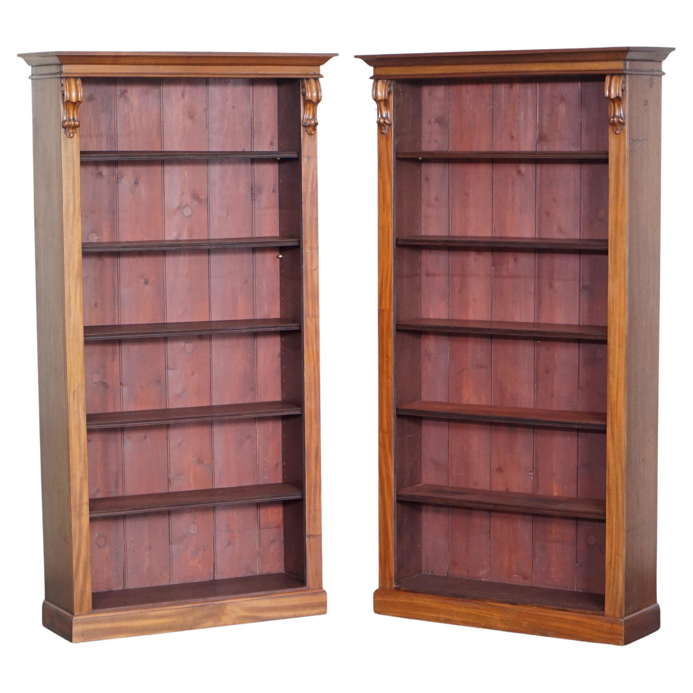 Pair of Victorian Mahogany Tall Open Library Bookcases Height Adjustable Shelves