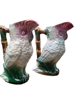 Pair of Victorian Majolica Cockatoo Pitchers, circa 1880s