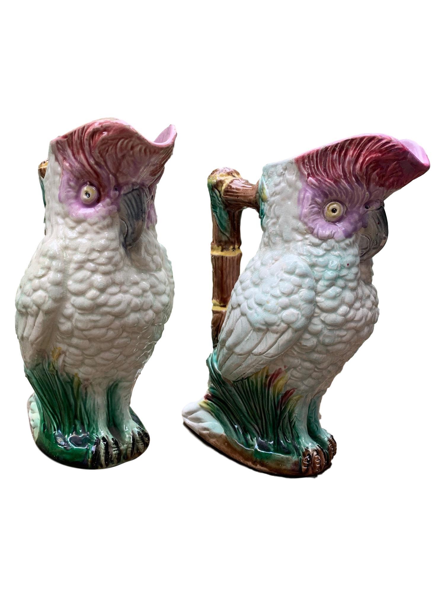 Early Victorian Pair of Victorian Majolica Cockatoo Pitchers, circa 1880s