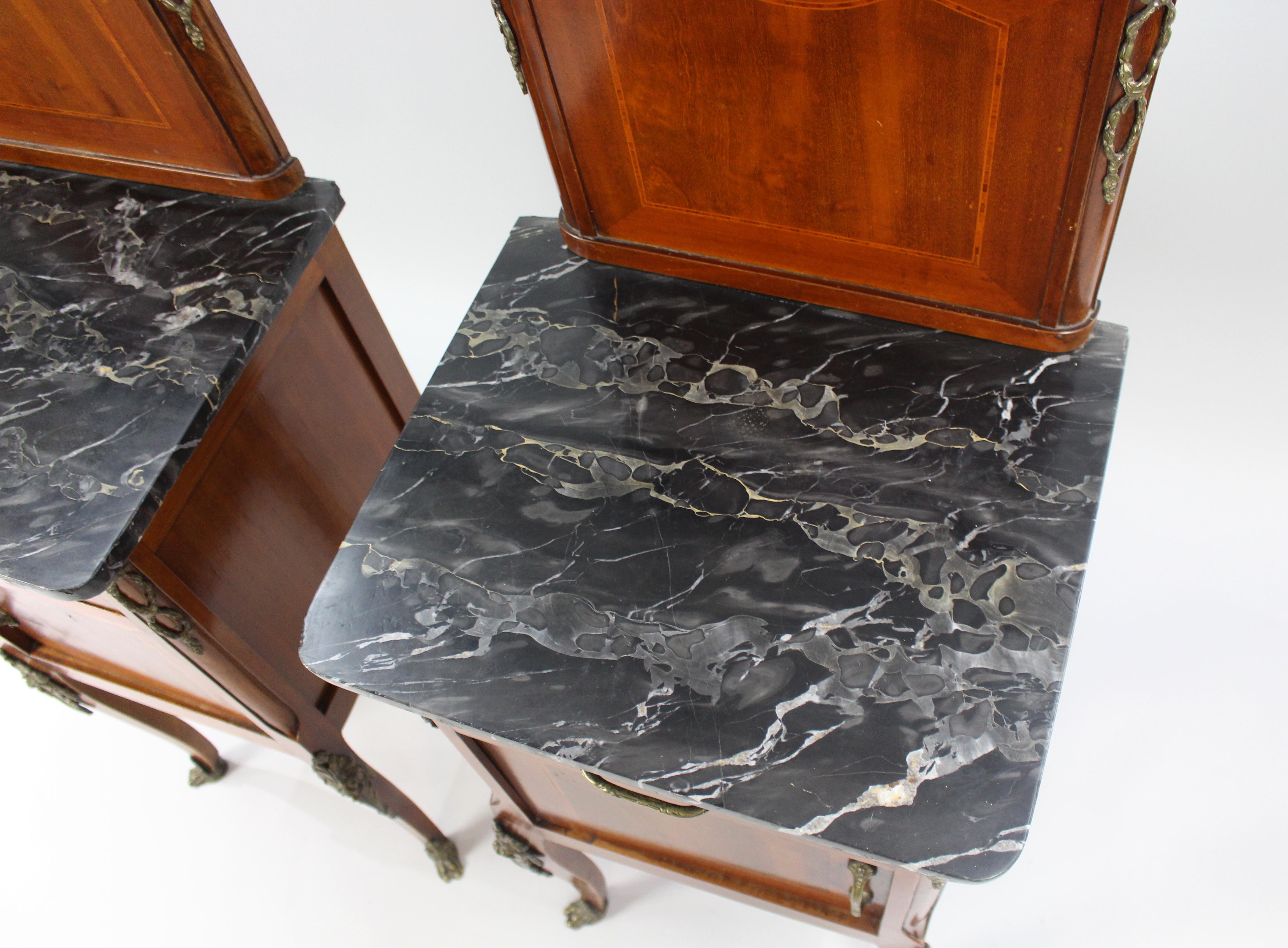 Pair of Victorian Marble-Topped Inlaid Mahogany Cabinets For Sale 1