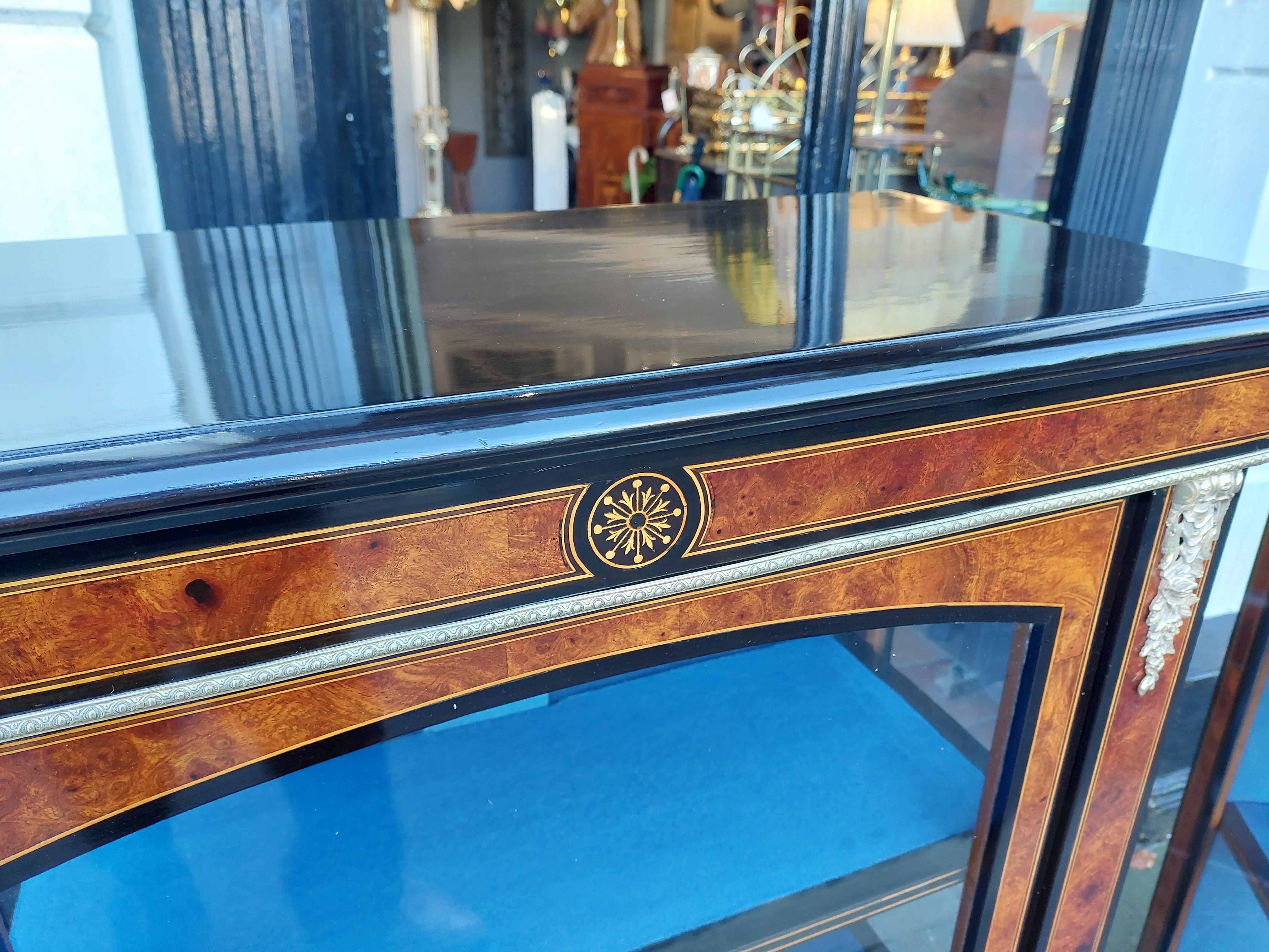Pair of Victorian Marquetry, Ebony Framed Burr Walnut Display Cabinets In Good Condition For Sale In Altrincham, GB