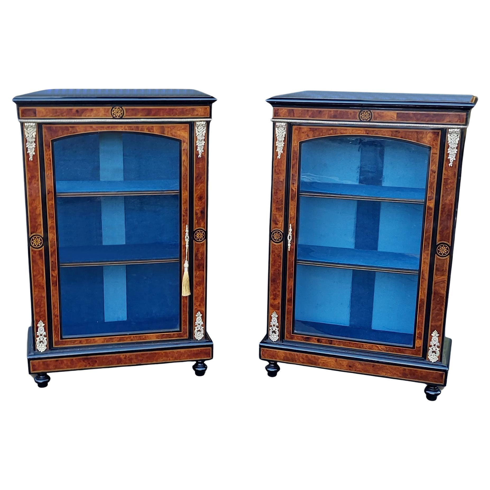Pair of Victorian Marquetry, Ebony Framed Burr Walnut Display Cabinets For Sale