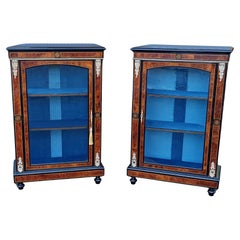Used Pair of Victorian Marquetry, Ebony Framed Burr Walnut Display Cabinets