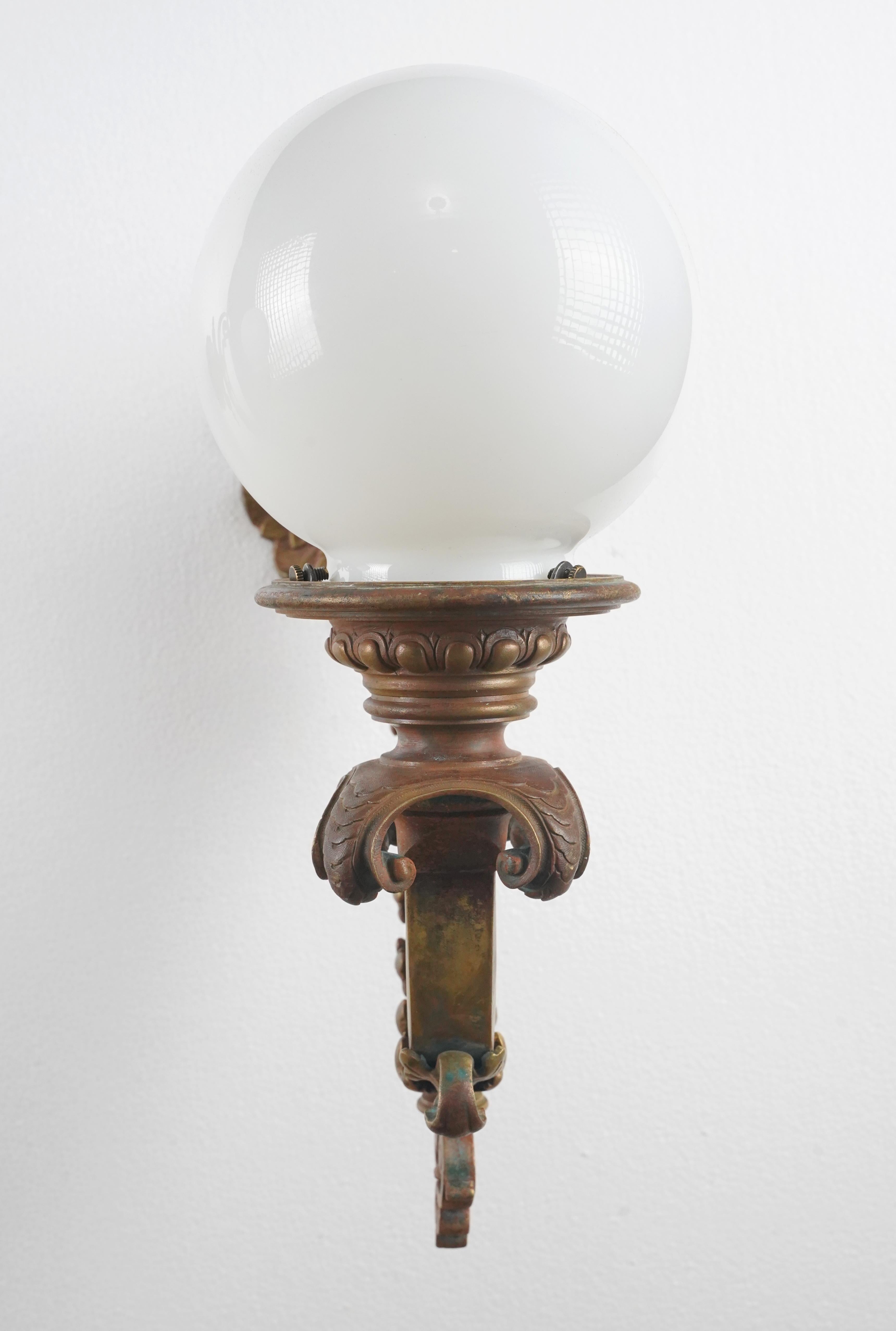 Pair of Victorian Milk Glass Globes Bronze Wall Sconces For Sale 6