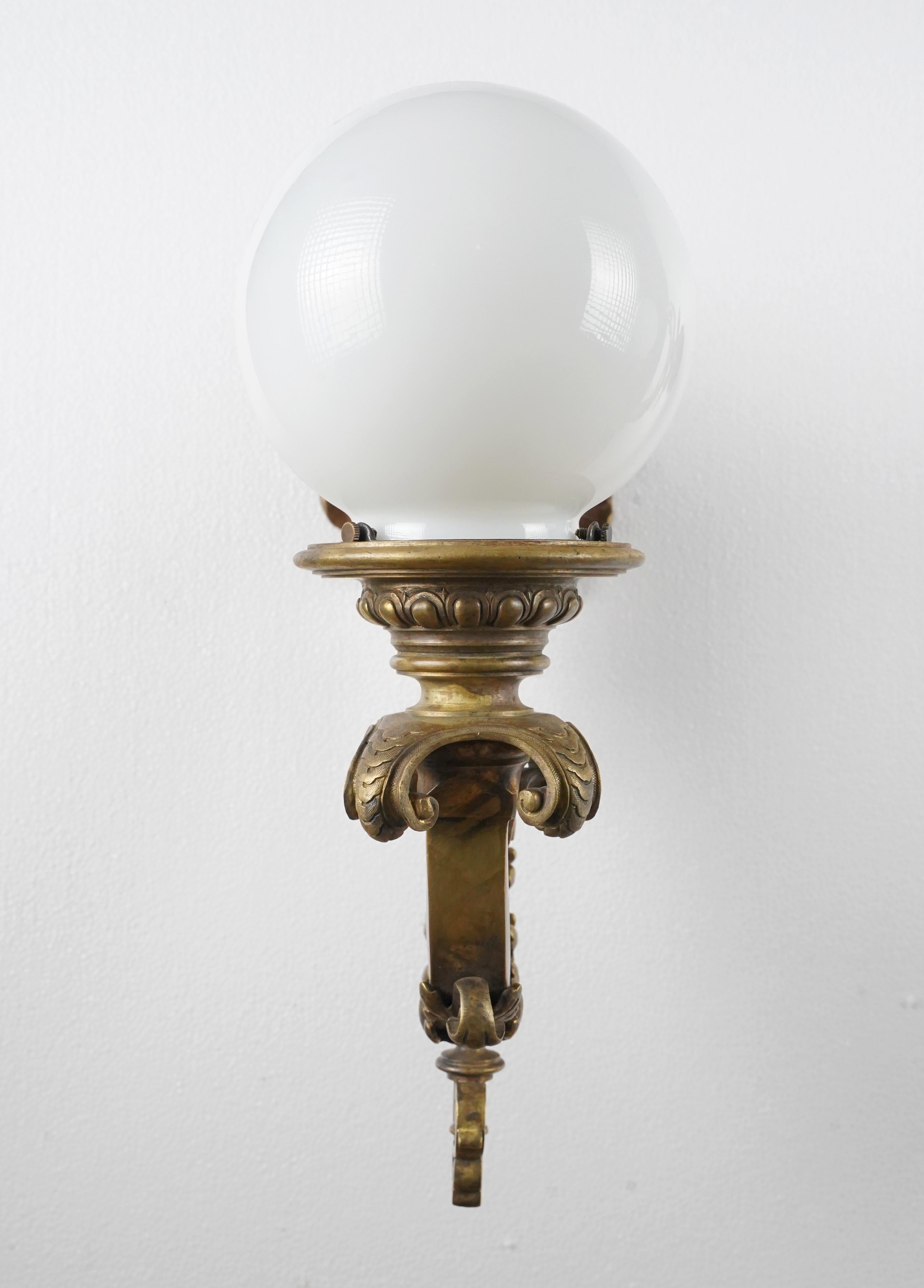 American Pair of Victorian Milk Glass Globes Bronze Wall Sconces For Sale