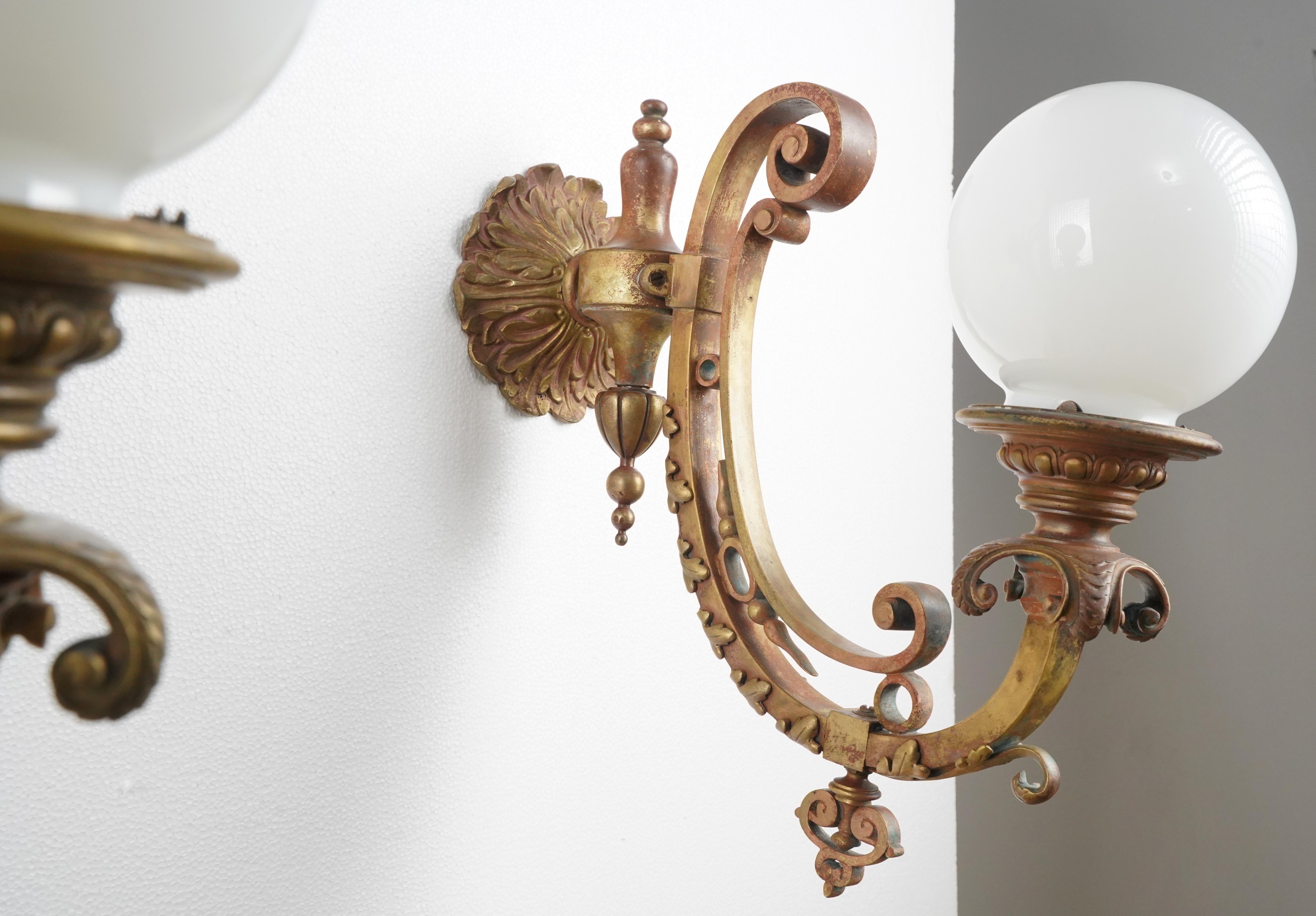 Pair of Victorian Milk Glass Globes Bronze Wall Sconces For Sale 3