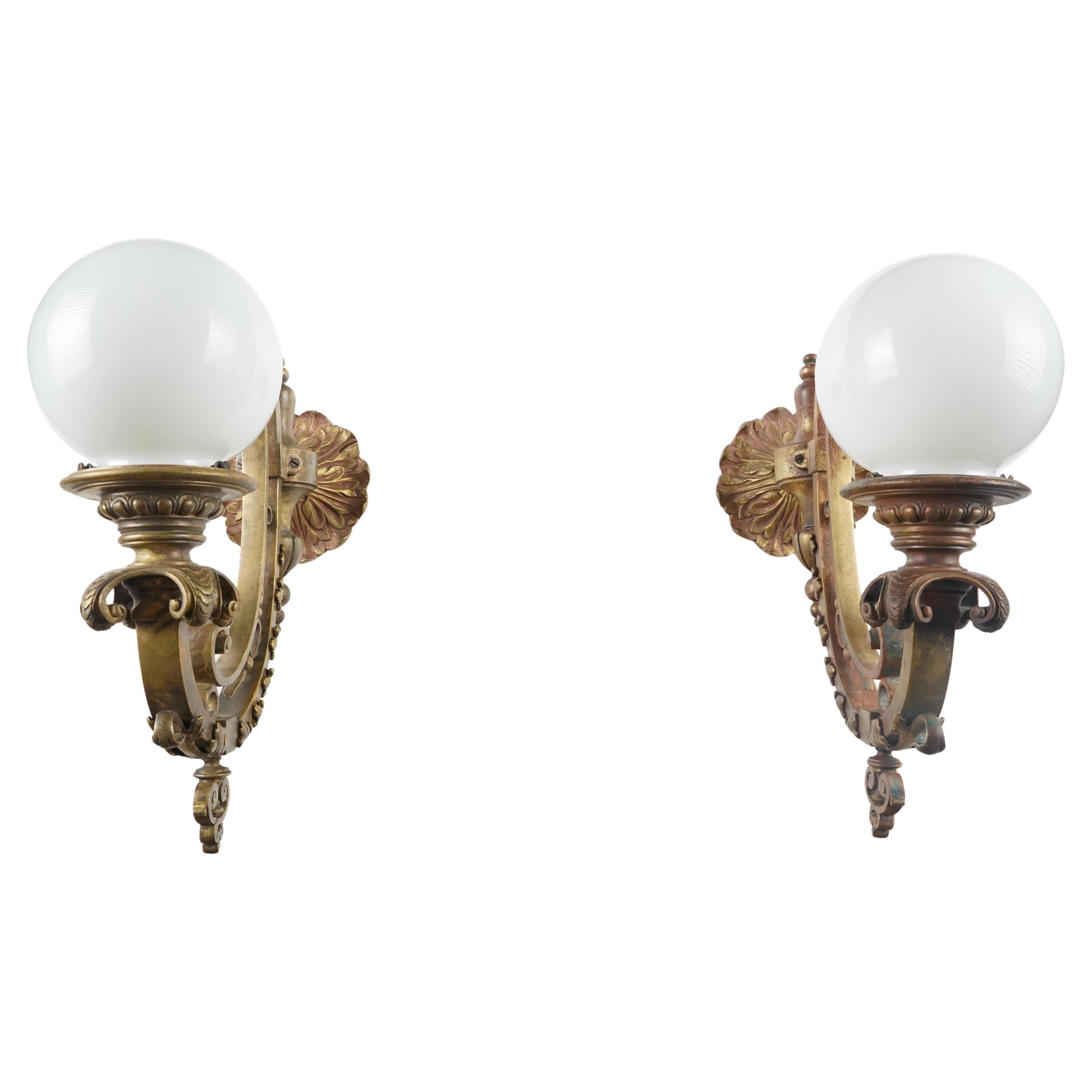 Pair of Victorian Milk Glass Globes Bronze Wall Sconces For Sale
