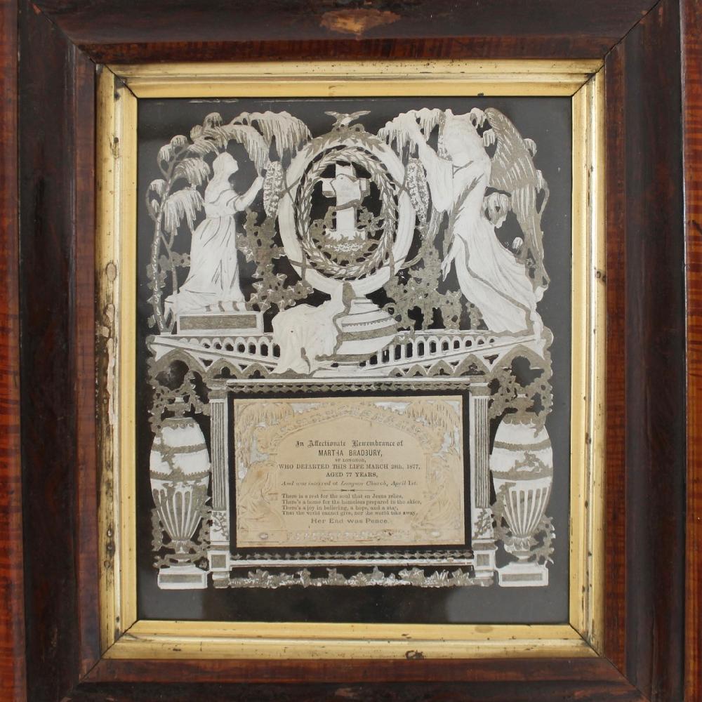 A wonderful pair of Victorian cut card memorial cards, mounted in their original faux decorated frames, both in excellent condition. Depicting angels, cherubs, garlands and urns, the larger in remembrance of Martha Bradbury 1877 the other Jane