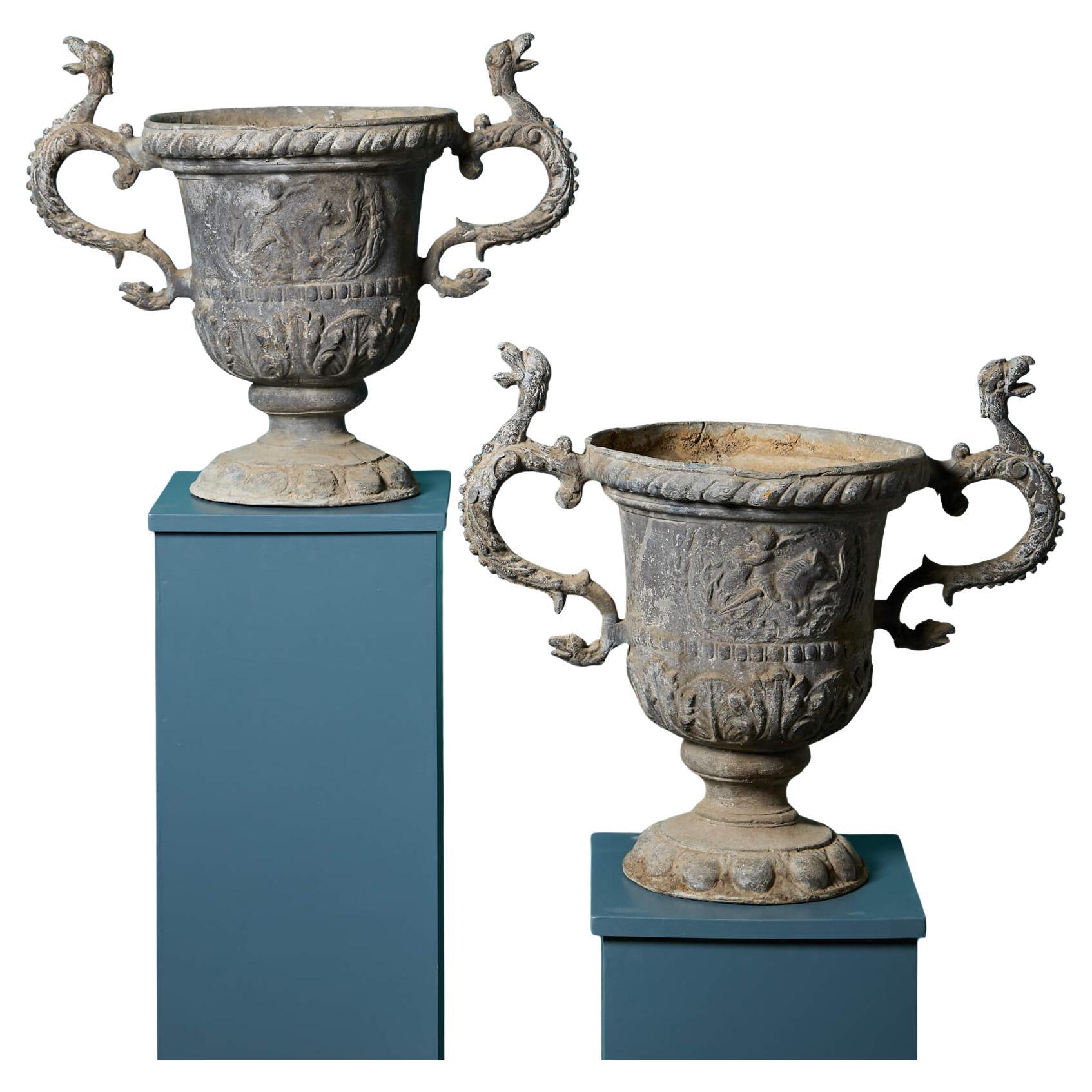 Pair of Victorian Neoclassical Lead Garden Urns For Sale