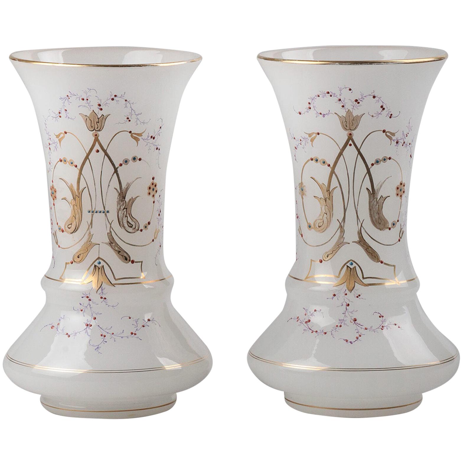 Pair of Victorian Opaline Glass Hand Painted Vases from circa 1880 at