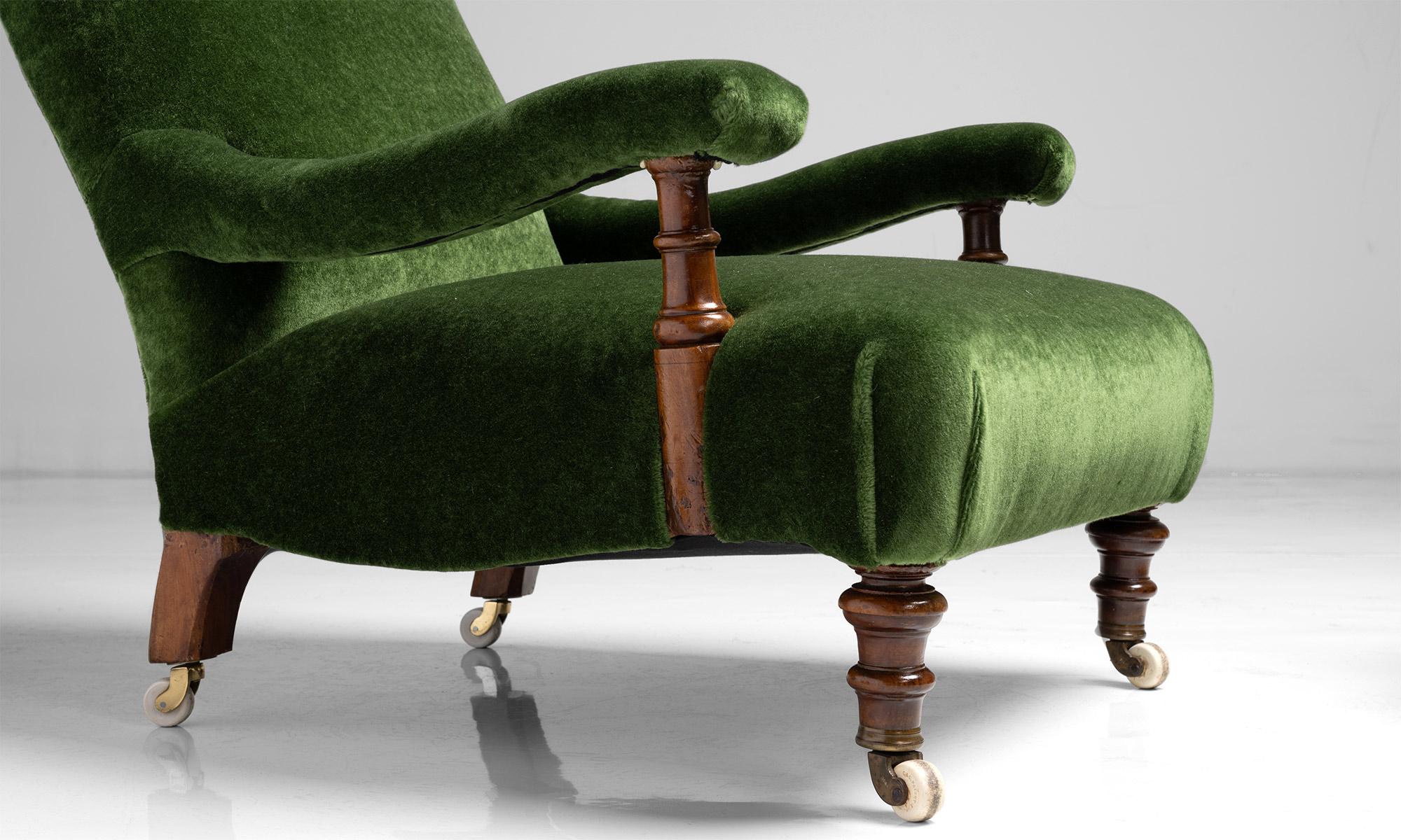19th Century Pair of Victorian Open Armchairs in 100% Kid Mohair, England Circa 1880