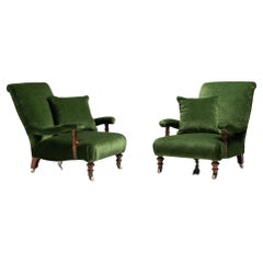 Pair of Victorian Open Armchairs in 100% Kid Mohair, England Circa 1880