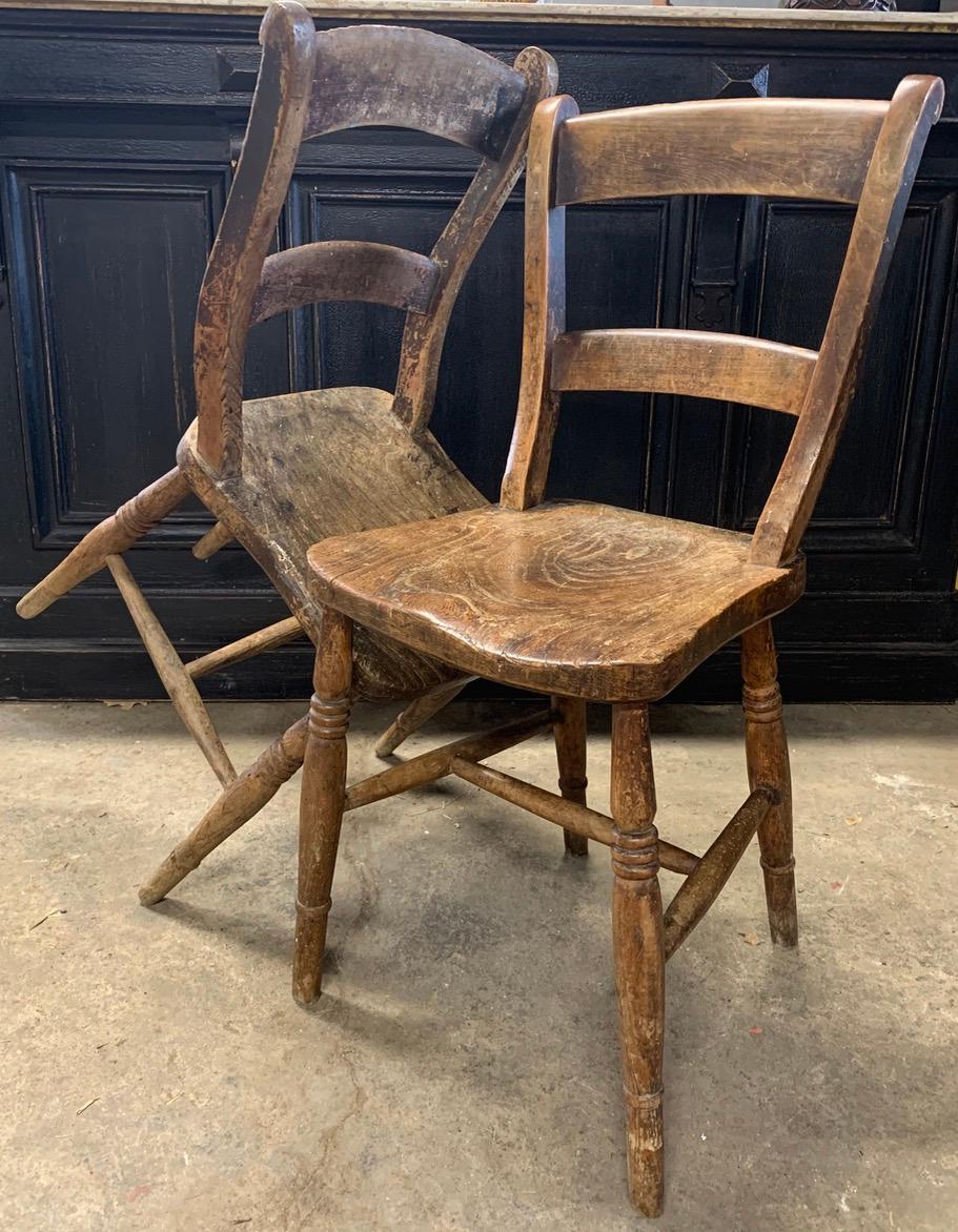 A pair of Victorian children's chairs made from beech with turned elm legs. In nice original condition with a nice patina.