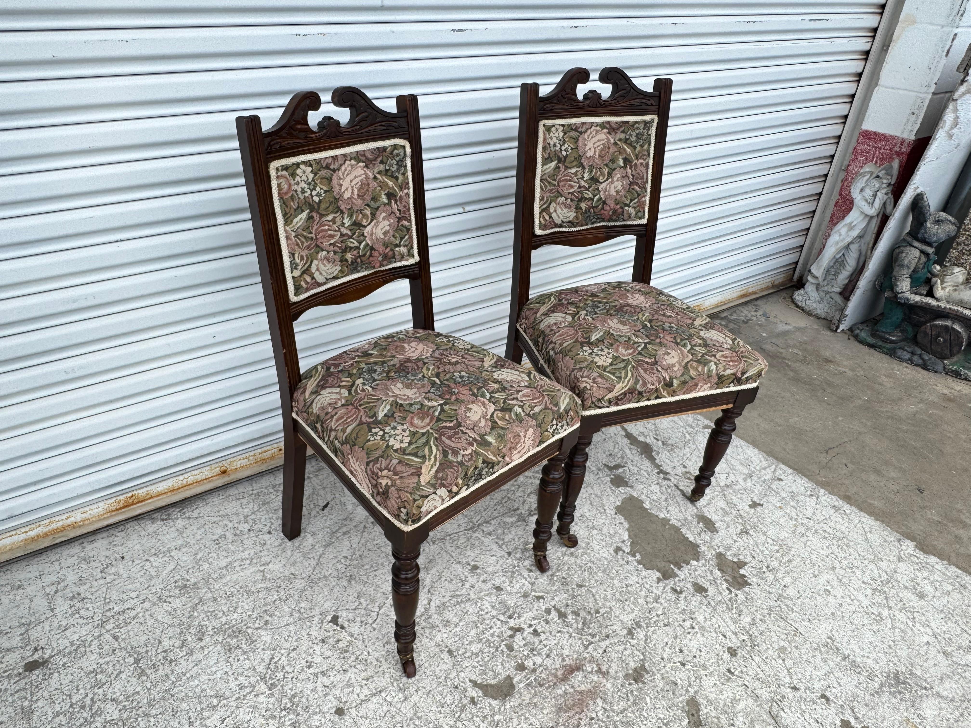Pair of Victorian Parlor chairs with casters on front legs For Sale 2