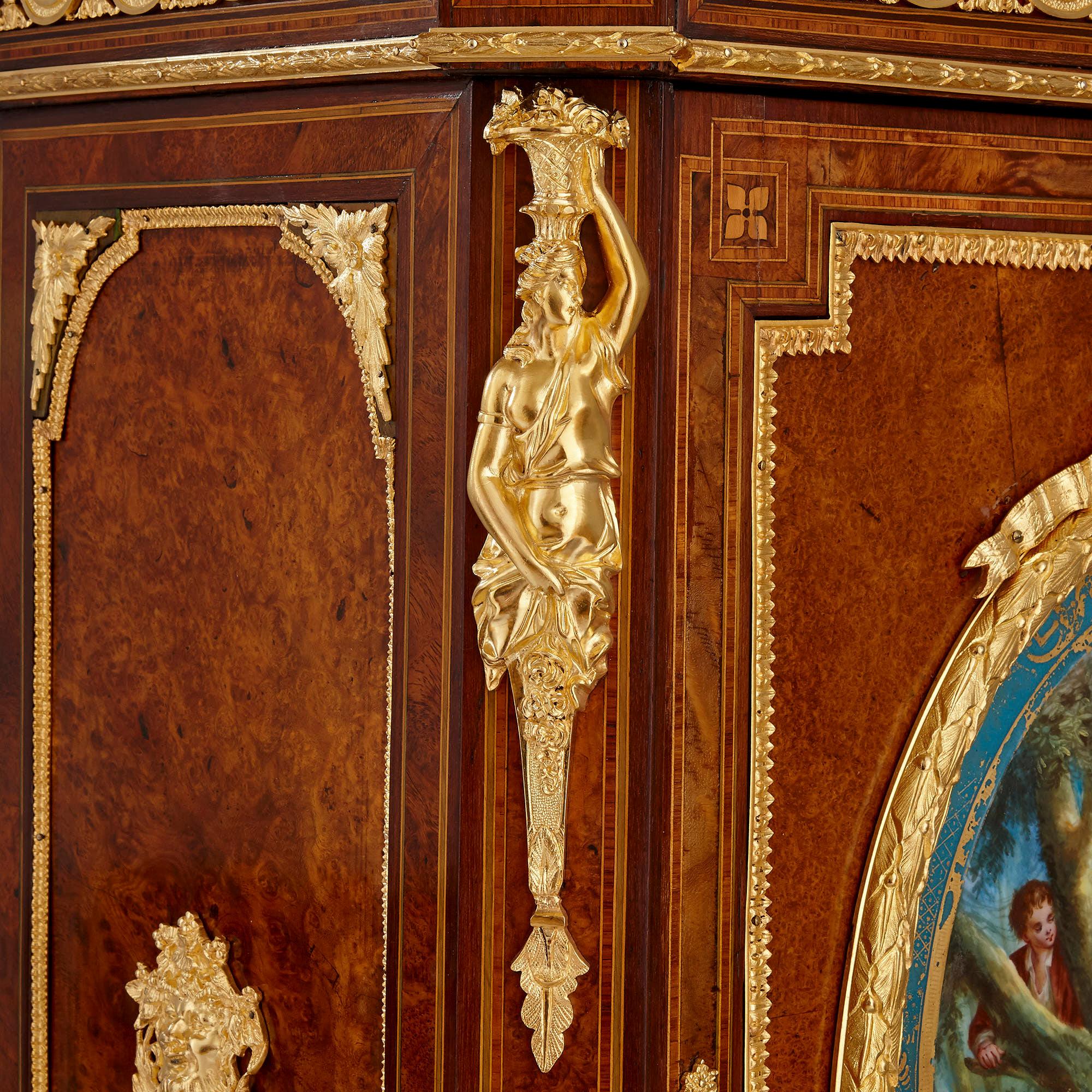 Marquetry Pair of Victorian Period Amboyna Cabinets with Sèvres Style Porcelain Plaques For Sale