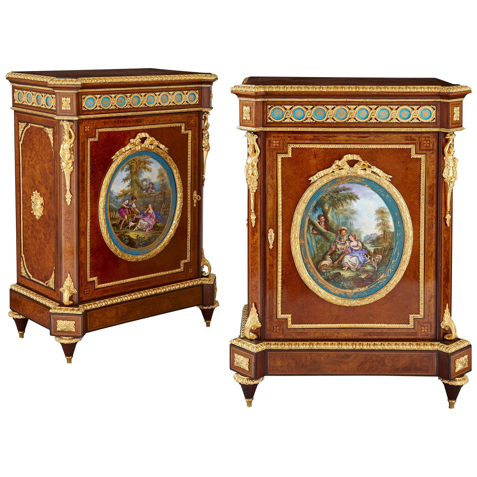 Pair of Victorian Period Amboyna Cabinets with Sèvres Style Porcelain Plaques