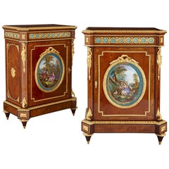 Antique Pair of Victorian Period Amboyna Cabinets with Sèvres Style Porcelain Plaques