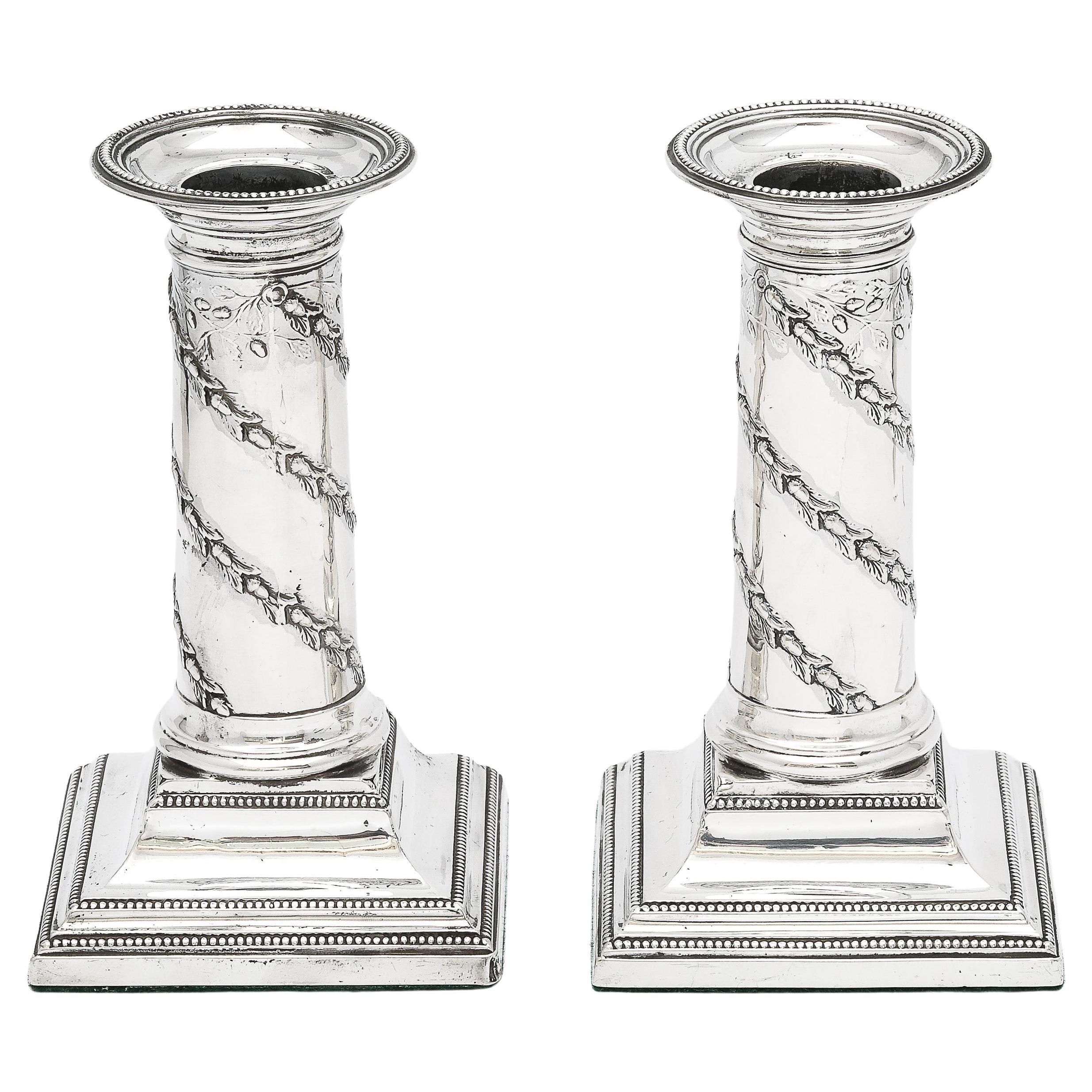Pair of Victorian Period Sterling Silver Neoclassical-Style Column Candlesticks For Sale
