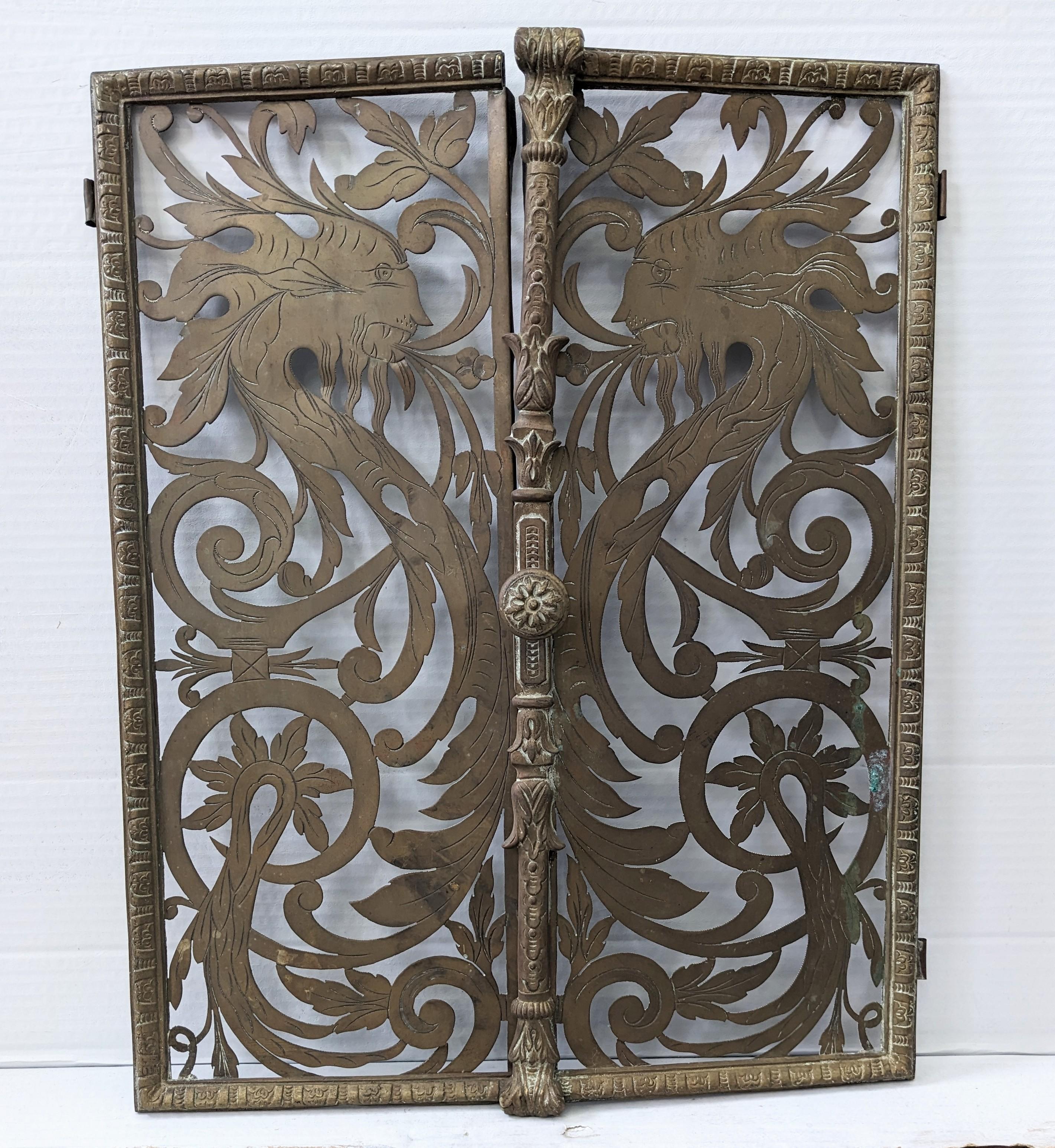 American Pair of Victorian Pierced and Etched Brass Griffin Motif Gates For Sale