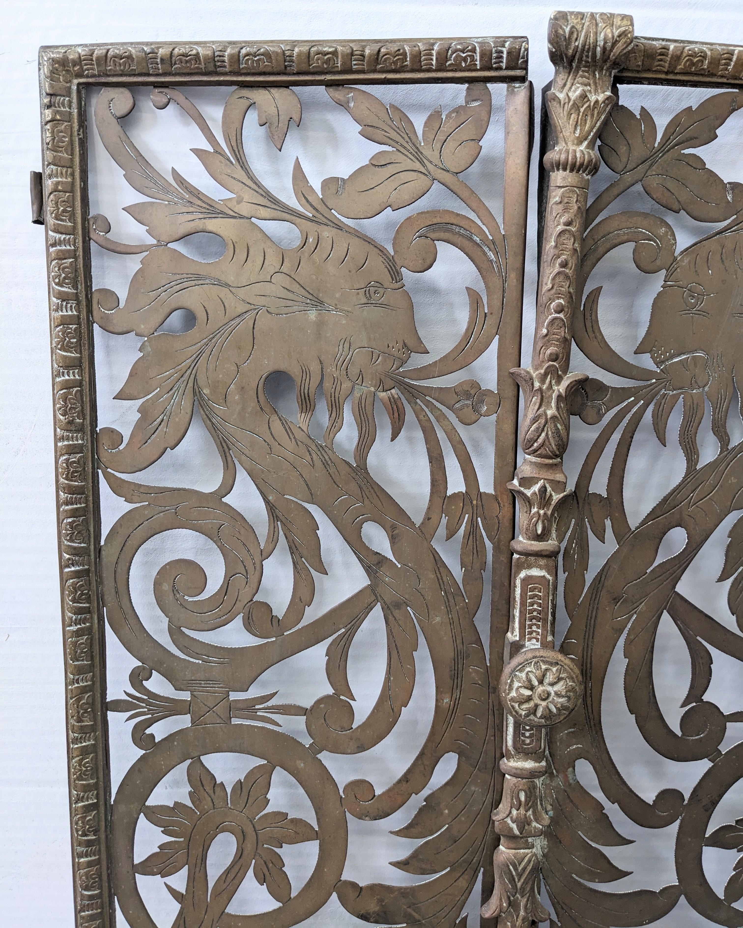 Pair of Victorian Pierced and Etched Brass Griffin Motif Gates In Good Condition For Sale In Riverdale, NY